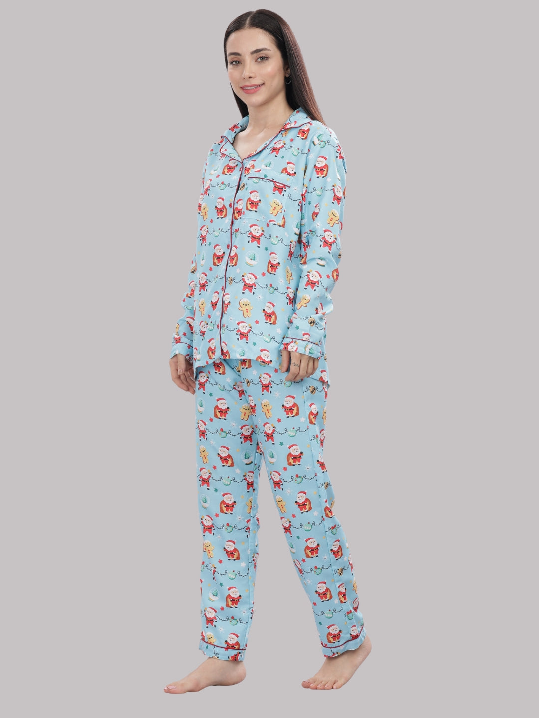 Secret Santa Button Down Pj Set - Cotton Rayon Pj Set with Notched Collar