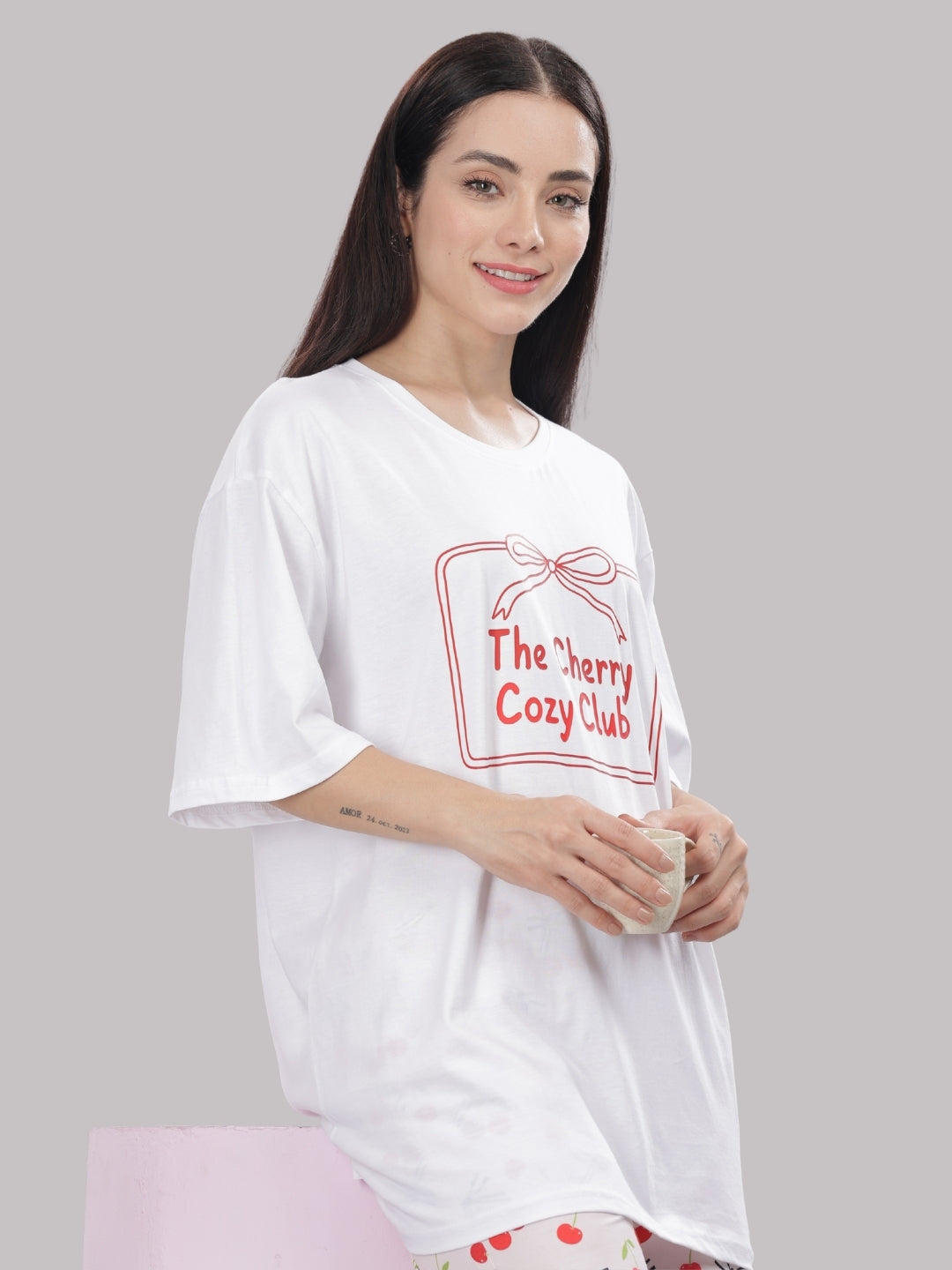 Berry Cozy T-shirt Pj Set - Oversized Tshirt with Pj Combo