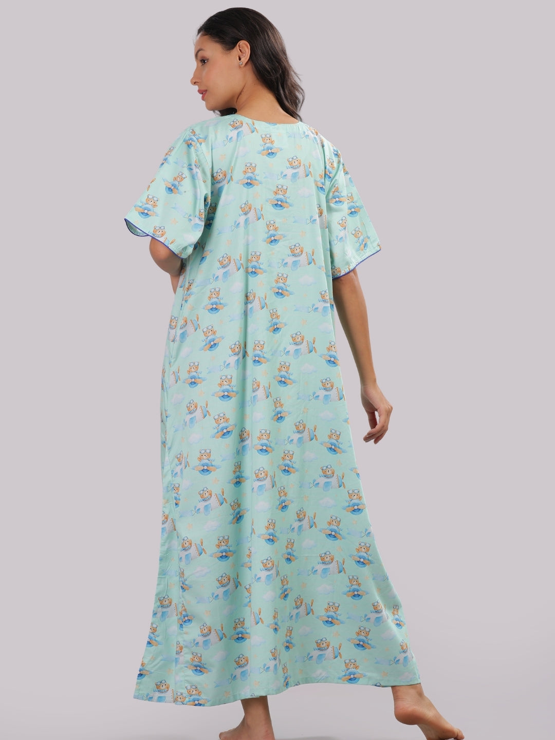 Fly High Maternity Gown - Pure Cotton Round Neck Gown with 2 Invisible Zips for Feeding