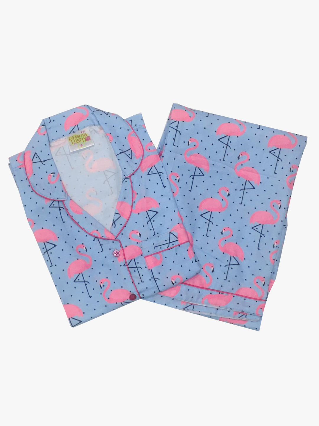 Flamingo & Dots Button Down Pj Set - Cotton Rayon Pj Set with Notched Collar