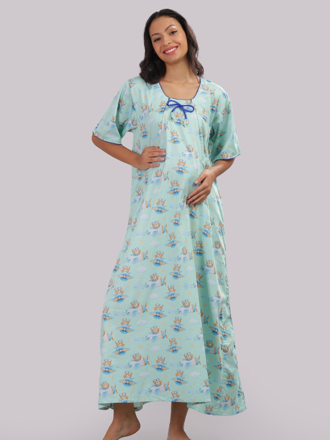 Fly High Maternity Gown - Pure Cotton Round Neck Gown with 2 Invisible Zips for Feeding