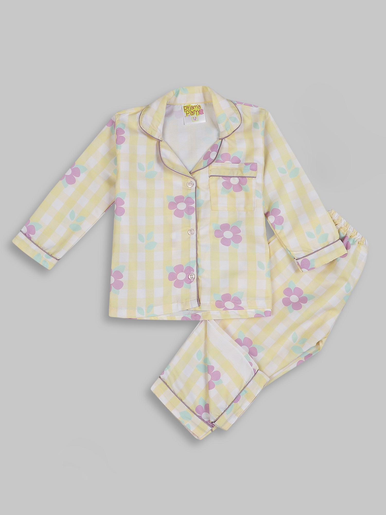 Blooming Checks Kids Pj Set - Cotton Rayon Pj Set with Notched Collar