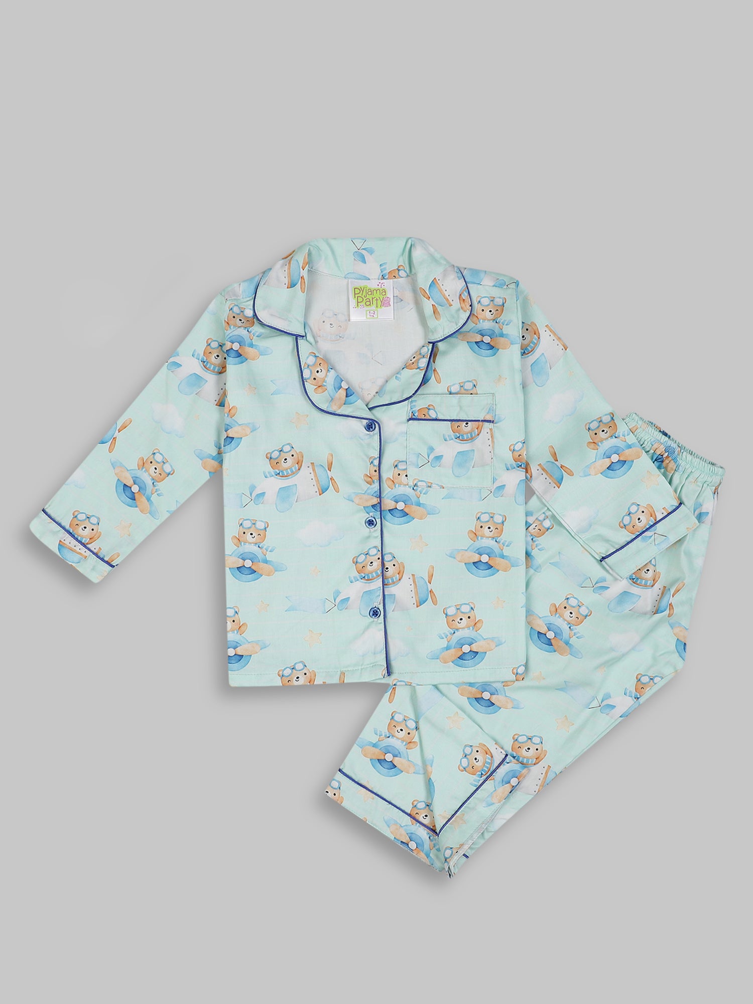 Fly High kids Button Down Pj Set - Pure Cotton Pj Set with Notched Collar