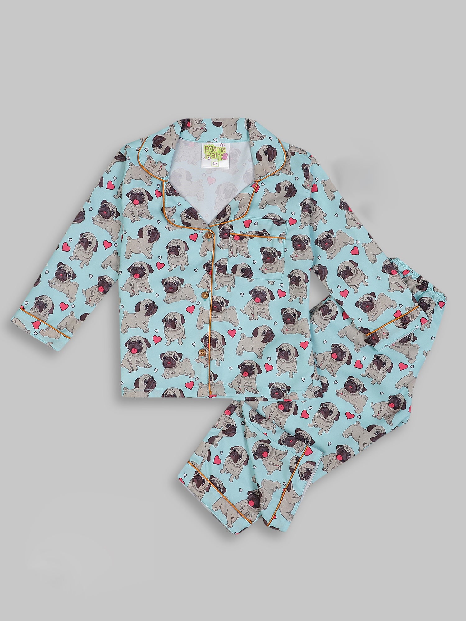 Snuggle Pug Kids Pj Set - Cotton Rayon Pj Set with Notched Collar