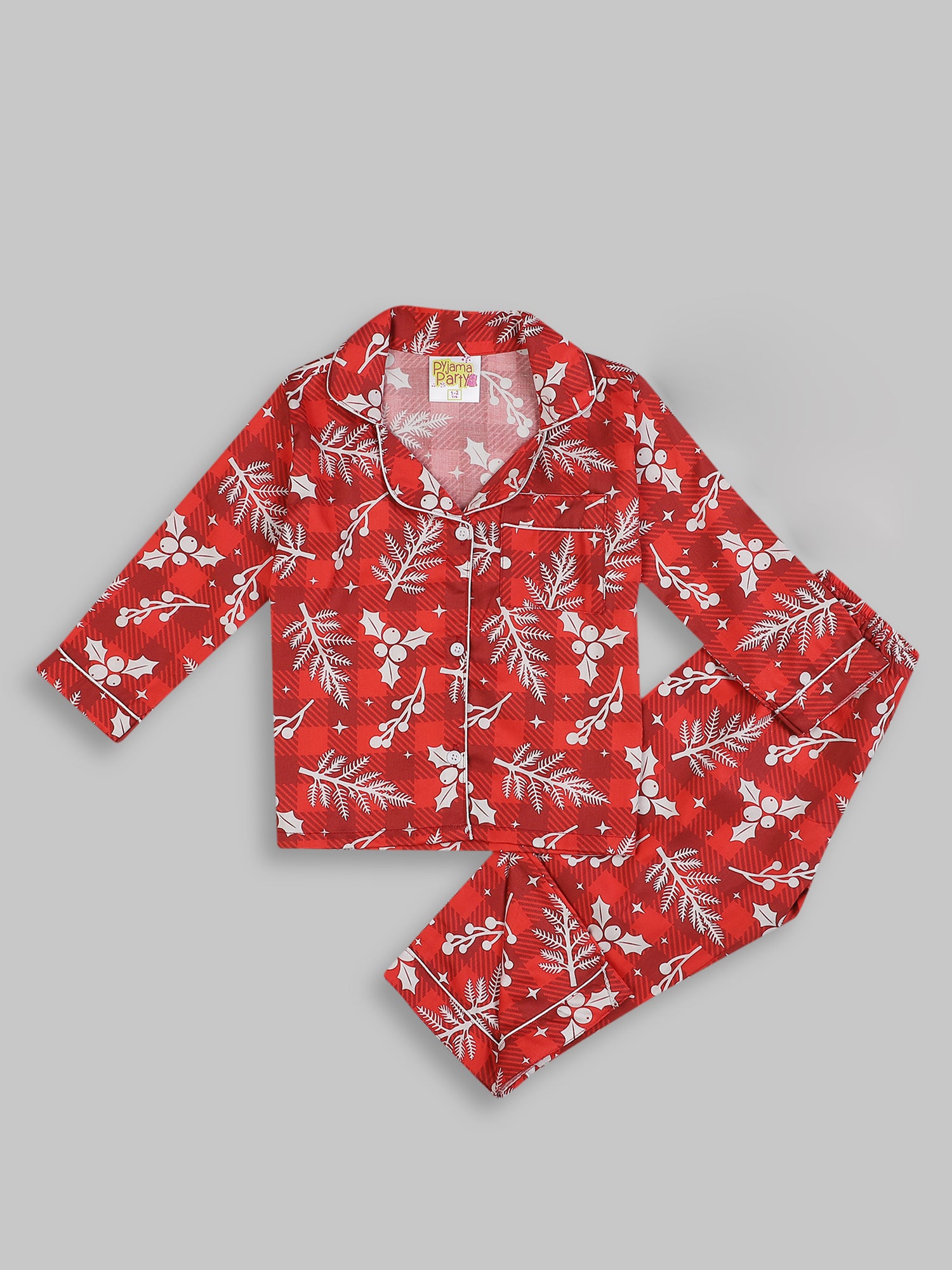 Crimson Christmas Kids Button Down Pj Set - Pure Cotton Pj Set with Notched Collar