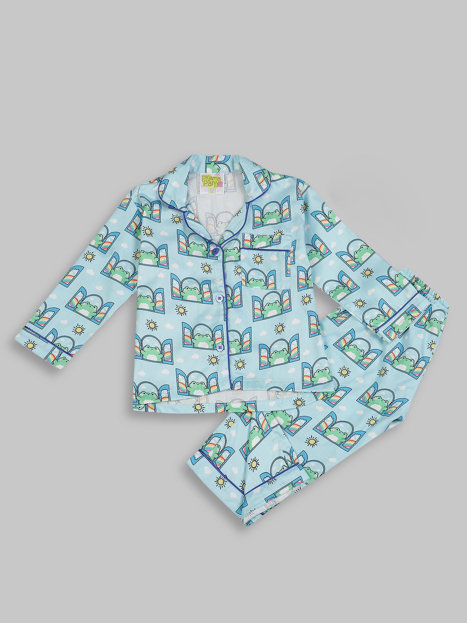 Hoppy Nights kids Button Down Pj Set - Pure Cotton Pj Set with Notched Collar