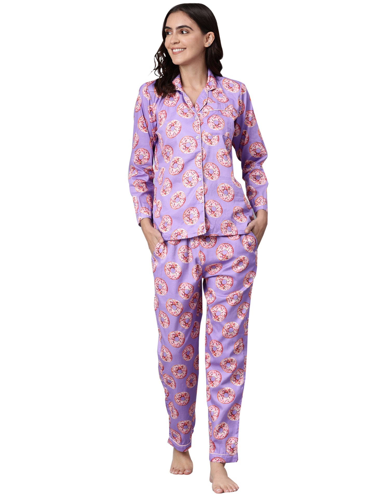 Donut Darling Button Down Pj Set - Pure Cotton Pj Set with Notched Collar