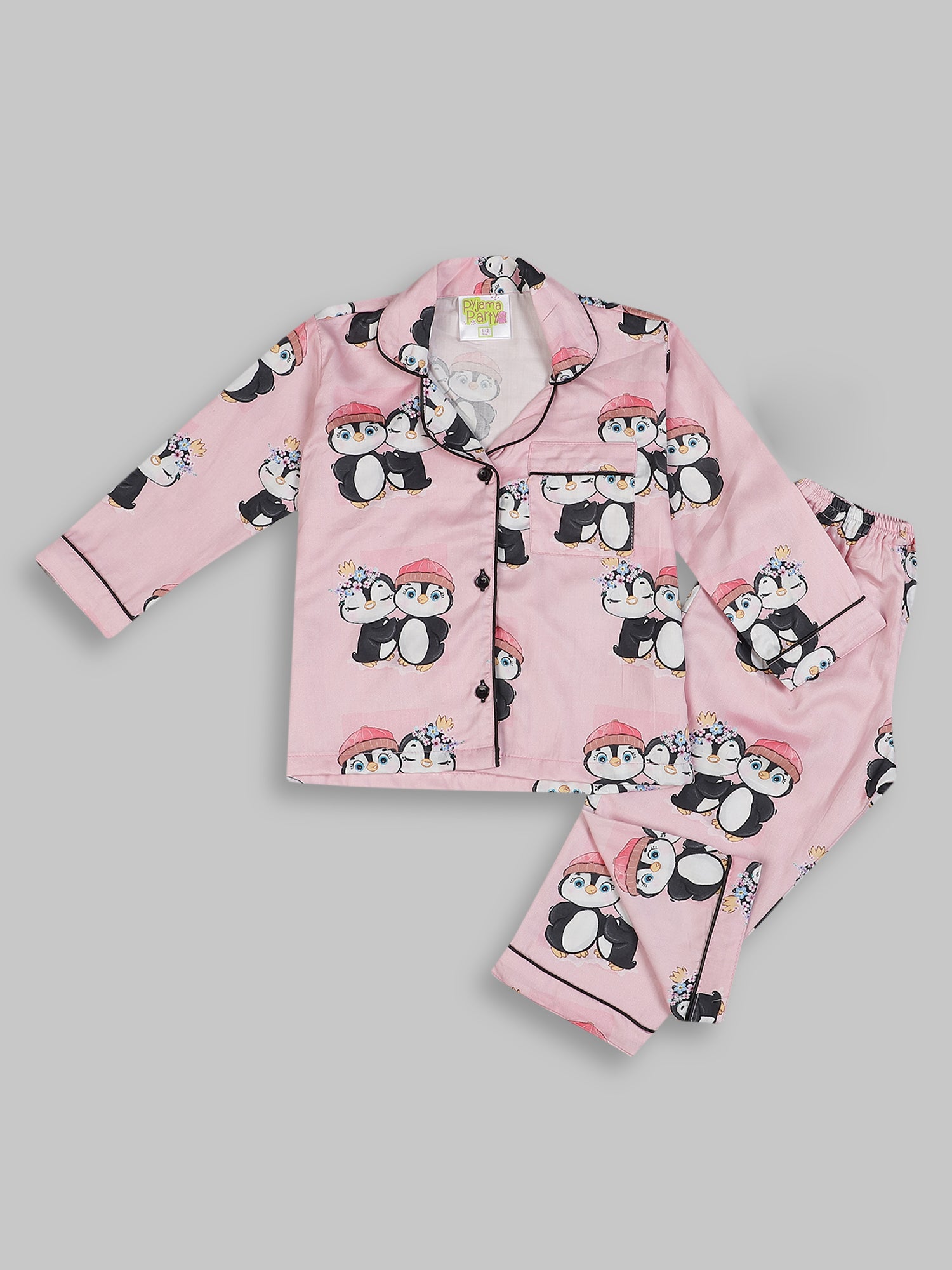 Pink Penguins Kids Button Down Pj Set - Pure Cotton Pj Set with Notched Collar