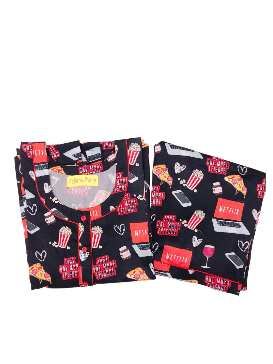 Netflix & Chill Henley Neck Pj Set - Pure Cotton Pj Set in Round Neckline Style