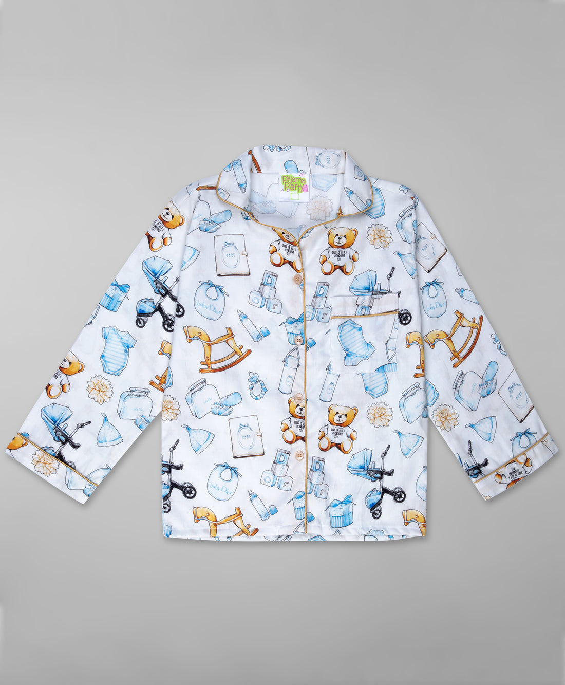 Baby Dior Button Down Kids Pj Set - Pure Cotton Pj Set with Notched Collar