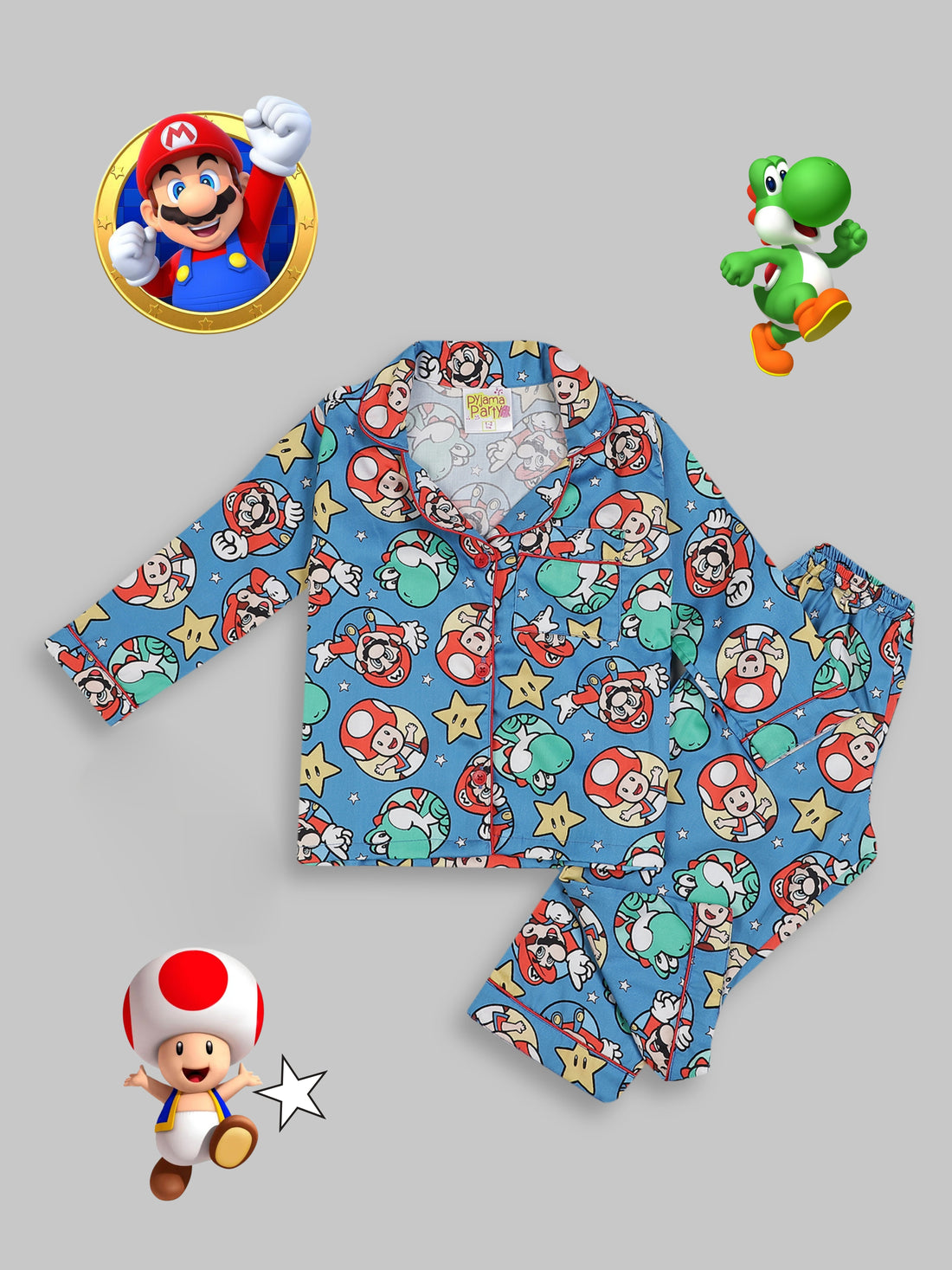 Super Mario Kids Button Down Pj Set - Pure Cotton Pj Set with Notched Collar