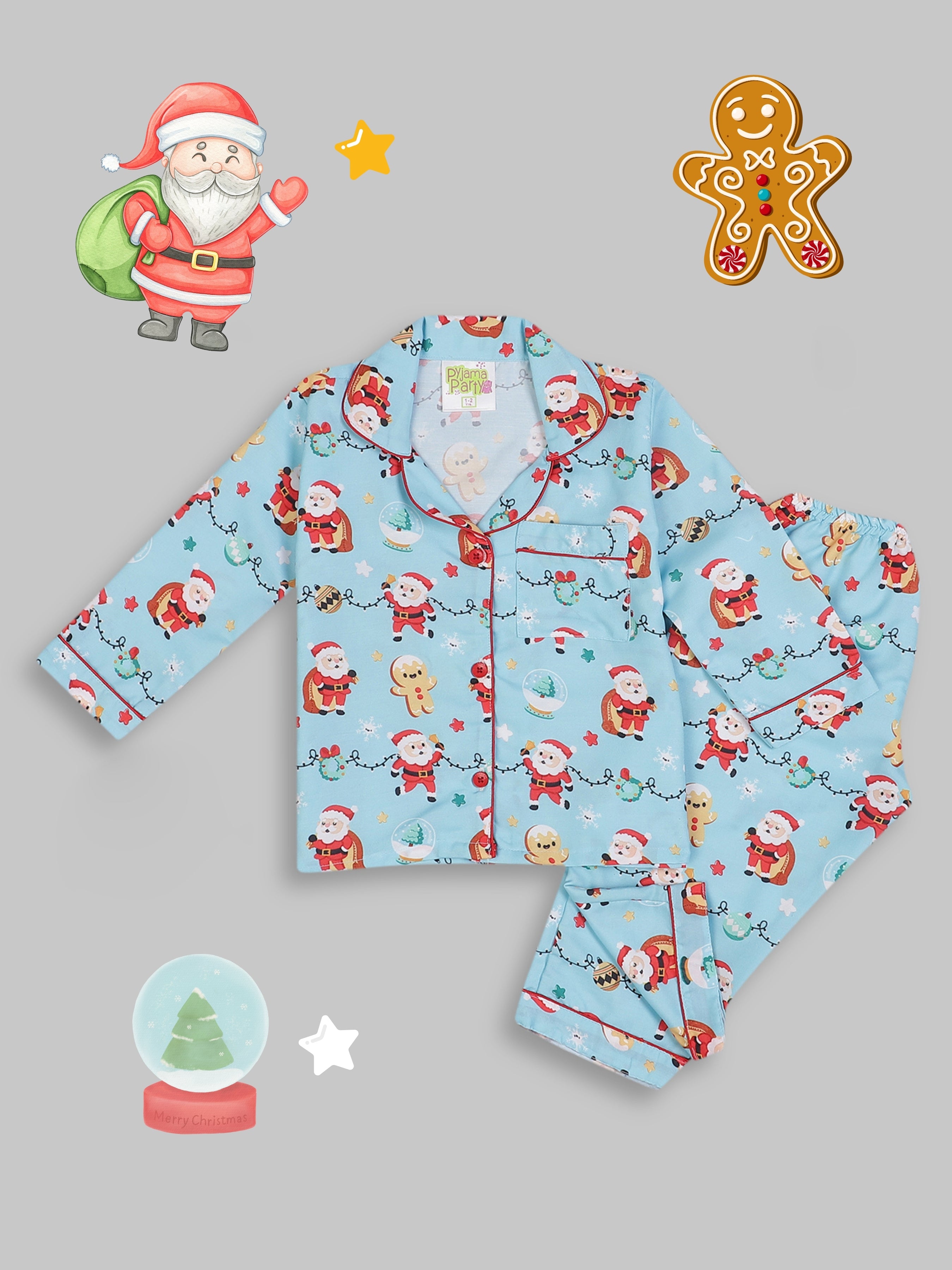 Secret Santa Kids Pj Set - Cotton Rayon Pj Set with Notched Collar
