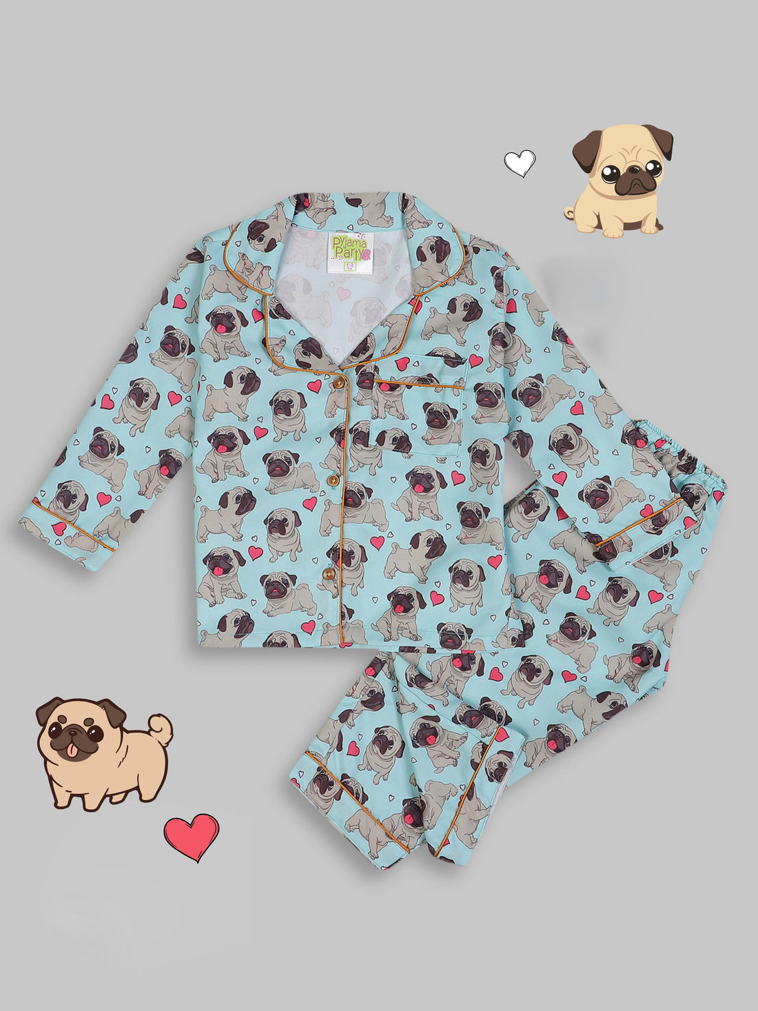 Snuggle Pug Kids Pj Set - Cotton Rayon Pj Set with Notched Collar
