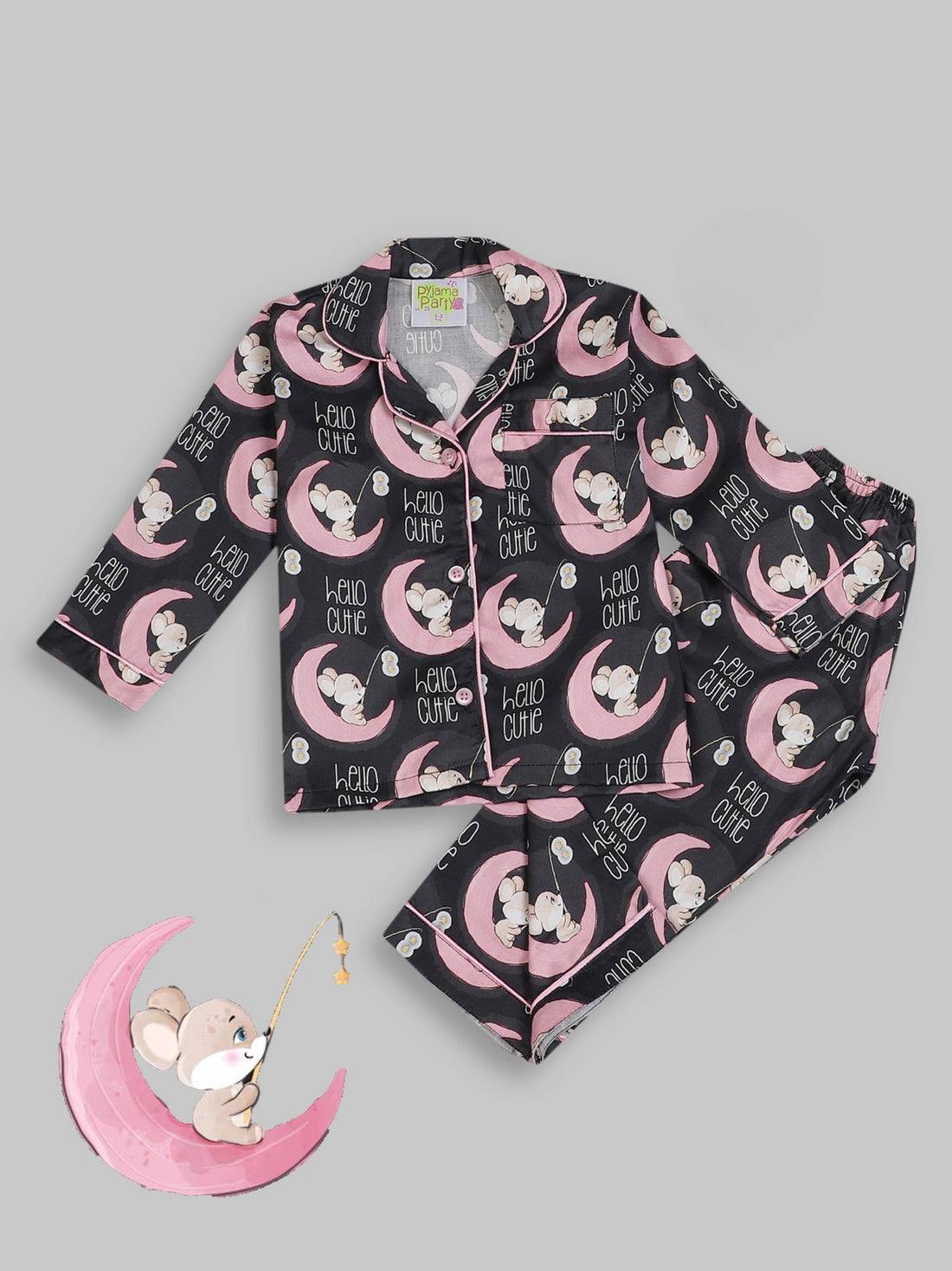 Hello Cutie kids Button Down Pj Set - Pure Cotton Pj Set with Notched Collar