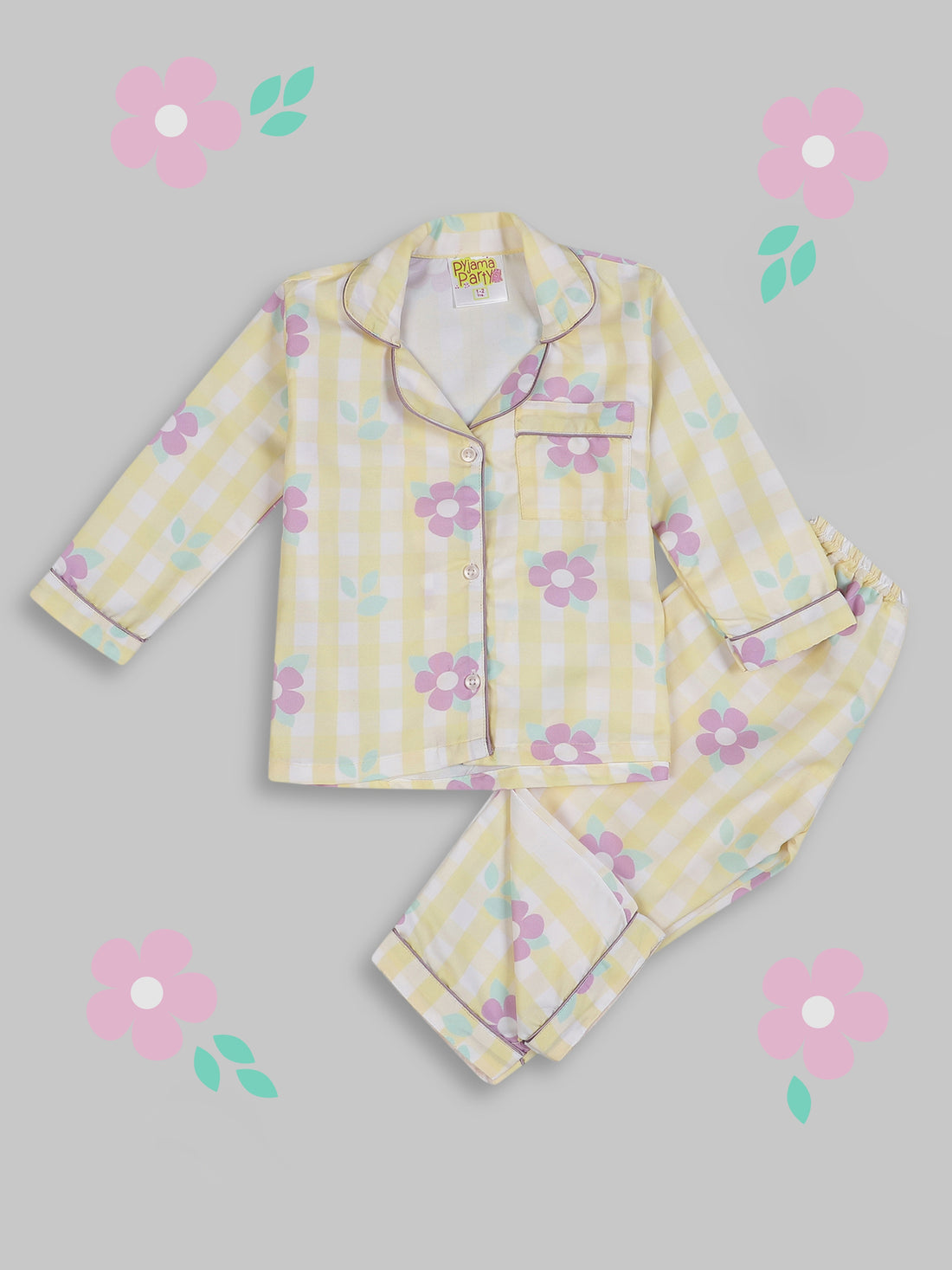 Blooming Checks Kids Pj Set - Cotton Rayon Pj Set with Notched Collar