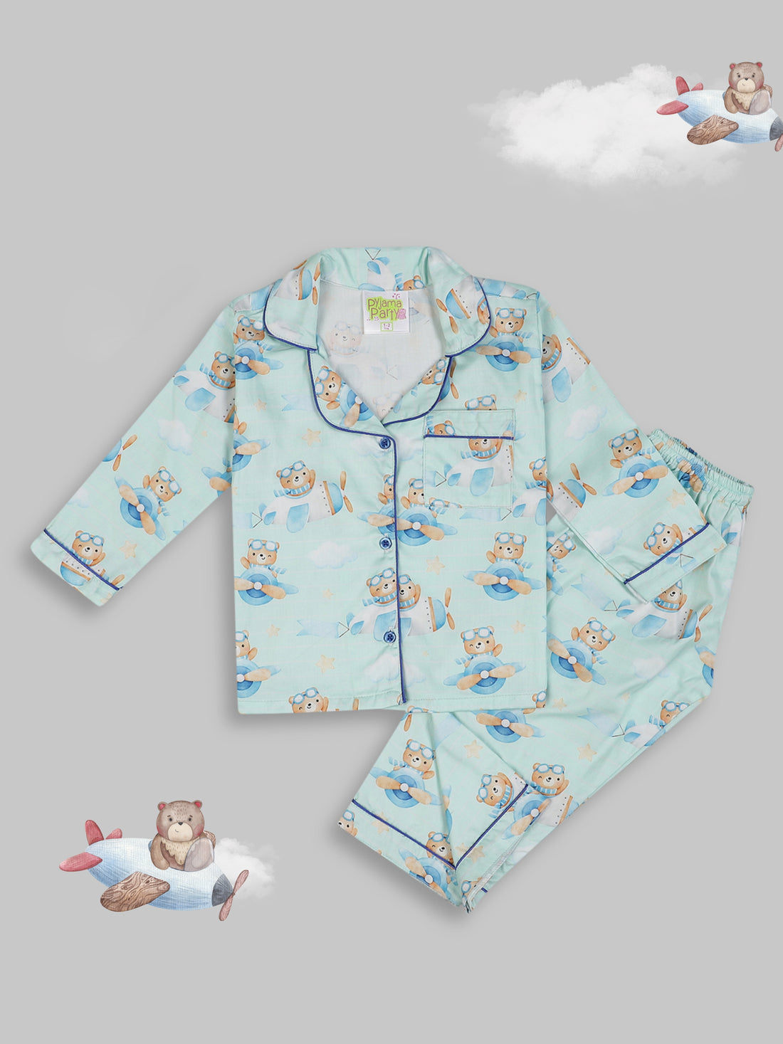 Fly High kids Button Down Pj Set - Pure Cotton Pj Set with Notched Collar