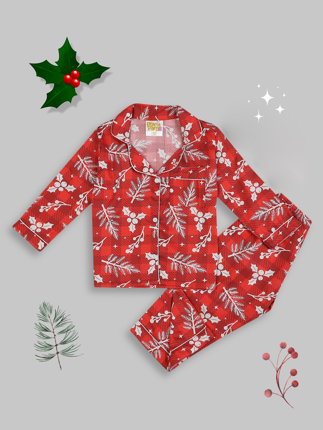 Crimson Christmas Kids Button Down Pj Set - Pure Cotton Pj Set with Notched Collar