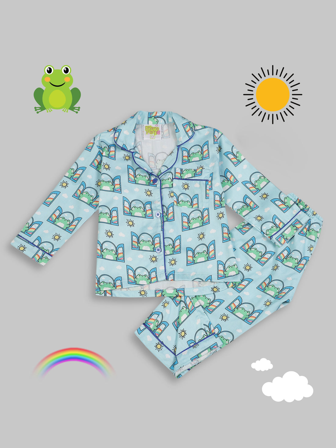 Hoppy Nights kids Button Down Pj Set - Pure Cotton Pj Set with Notched Collar