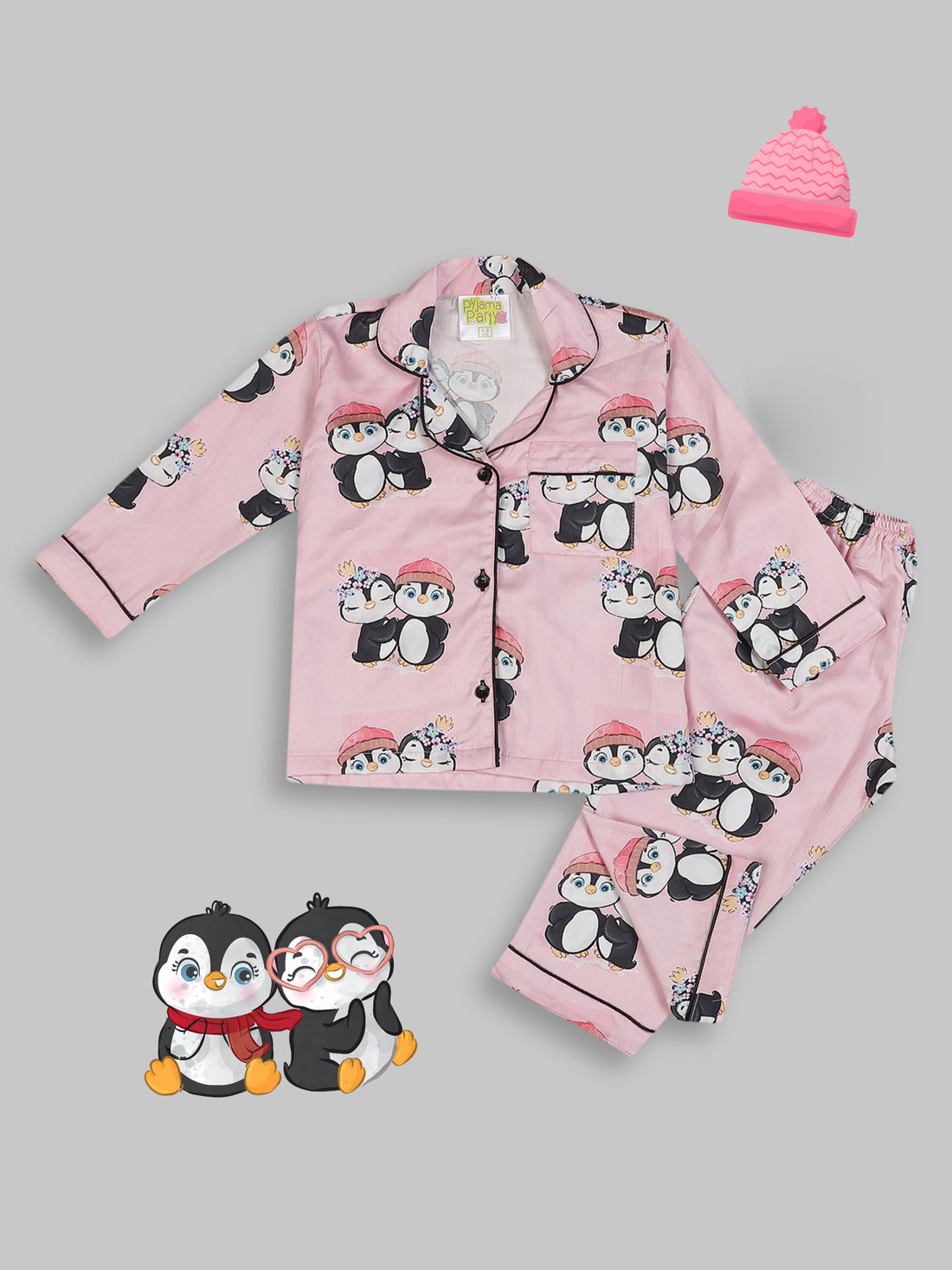 Pink Penguins Kids Button Down Pj Set - Pure Cotton Pj Set with Notched Collar