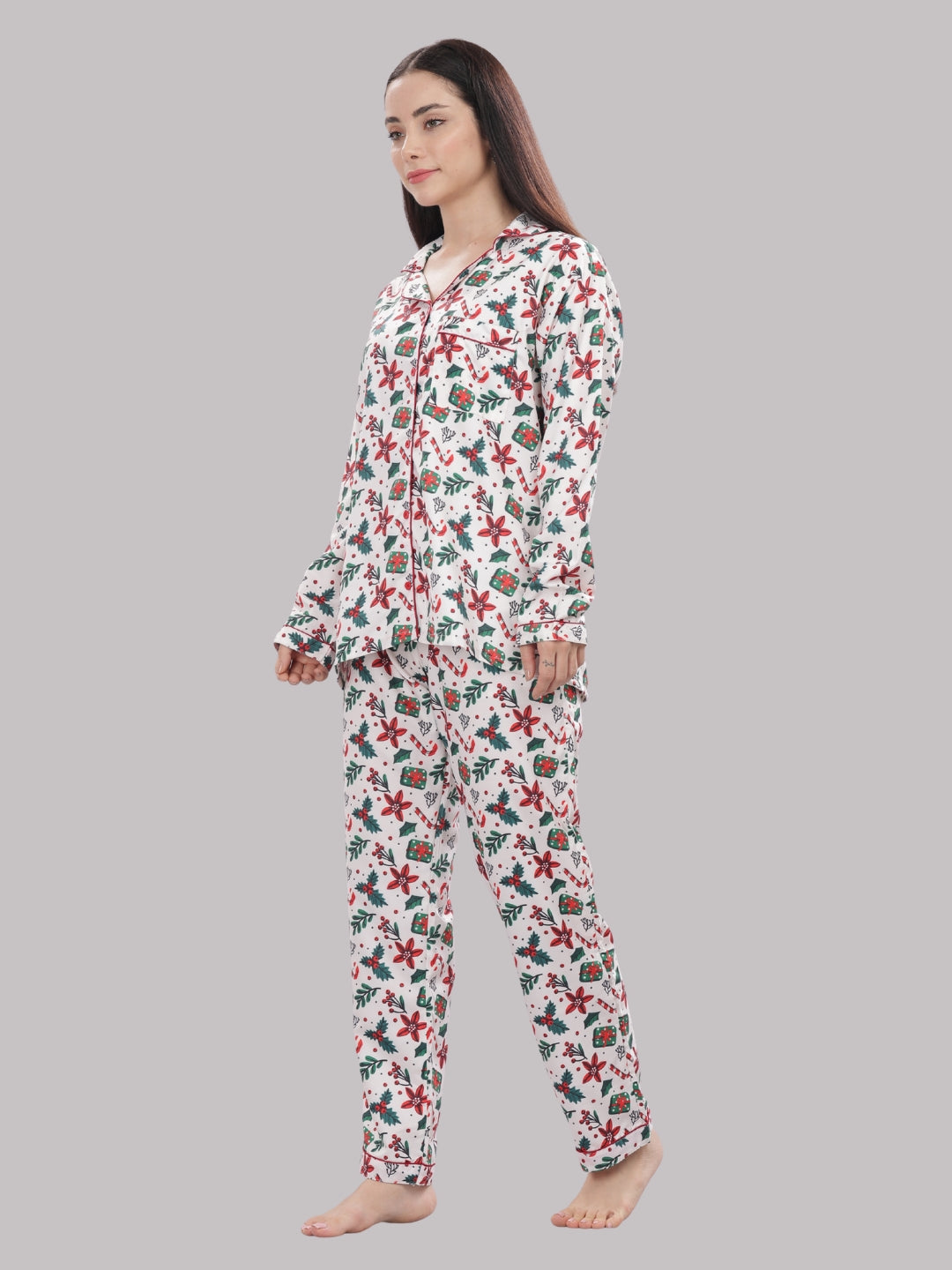 Under The Mistletoe Button Down Pj Set - Cotton Rayon Pj Set with Notched Collar