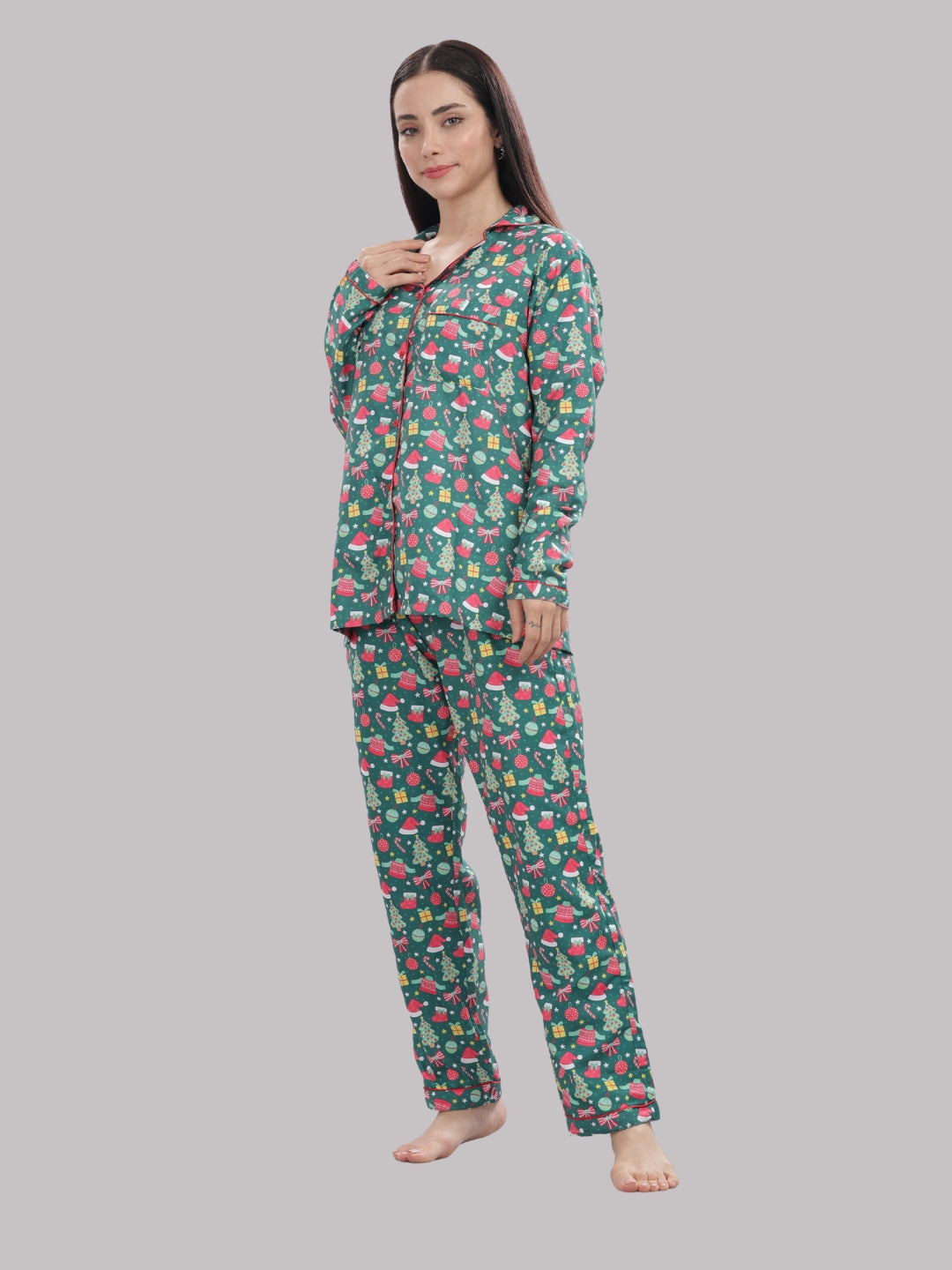 Merry Christmas Button Down Pj Set - Cotton Rayon Pj Set with Notched Collar