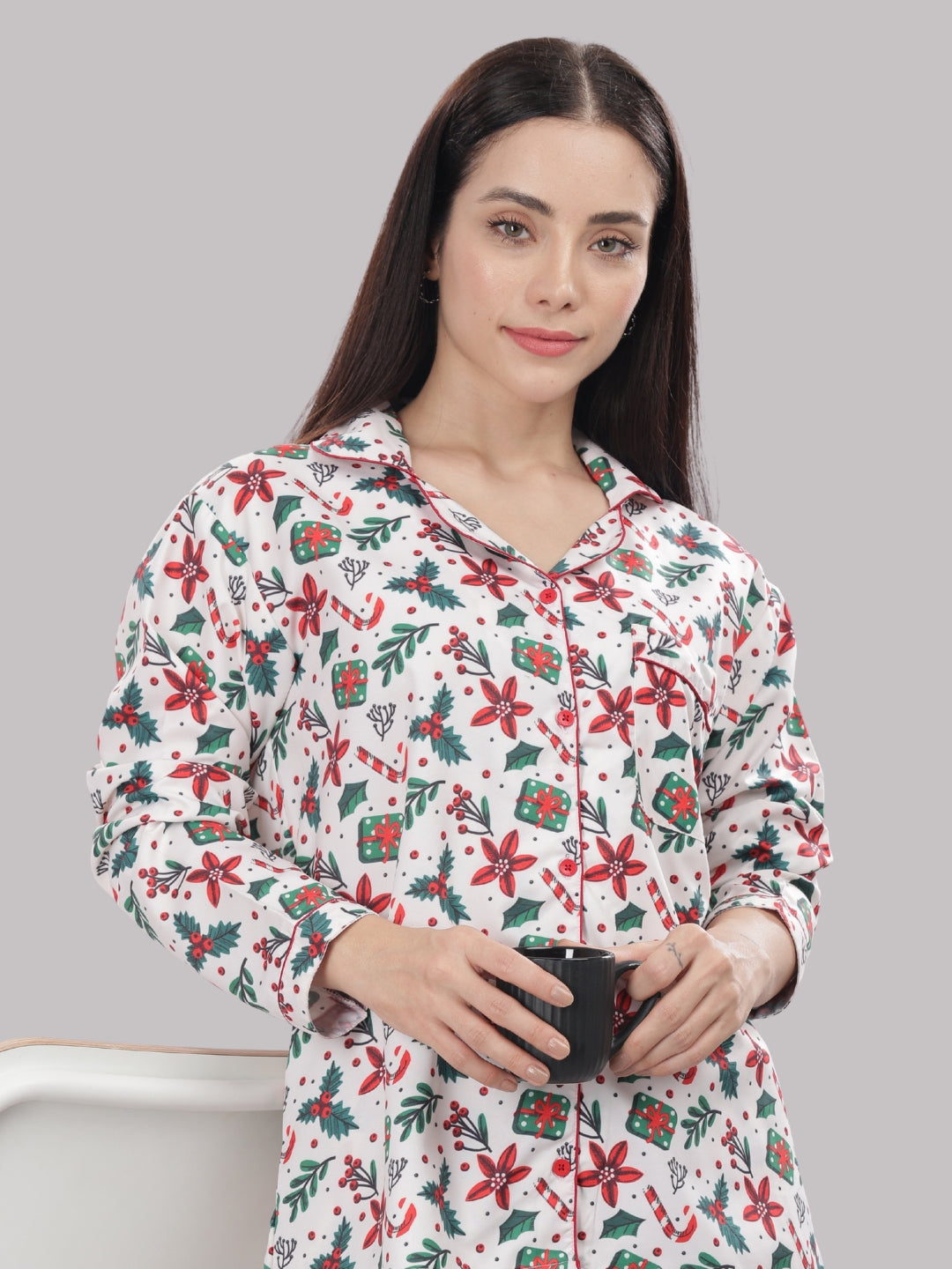 Under The Mistletoe Button Down Pj Set - Cotton Rayon Pj Set with Notched Collar