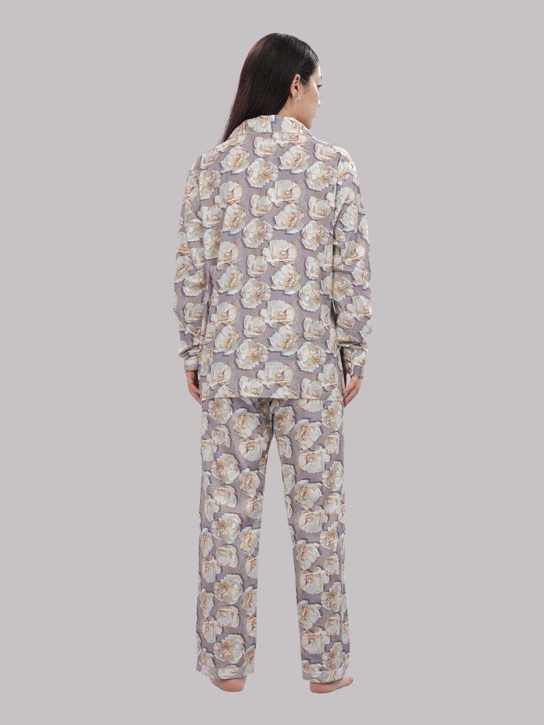 Grey Gardenia Button Down Pj Set - Pure Cotton Pj Set with Notched Collar