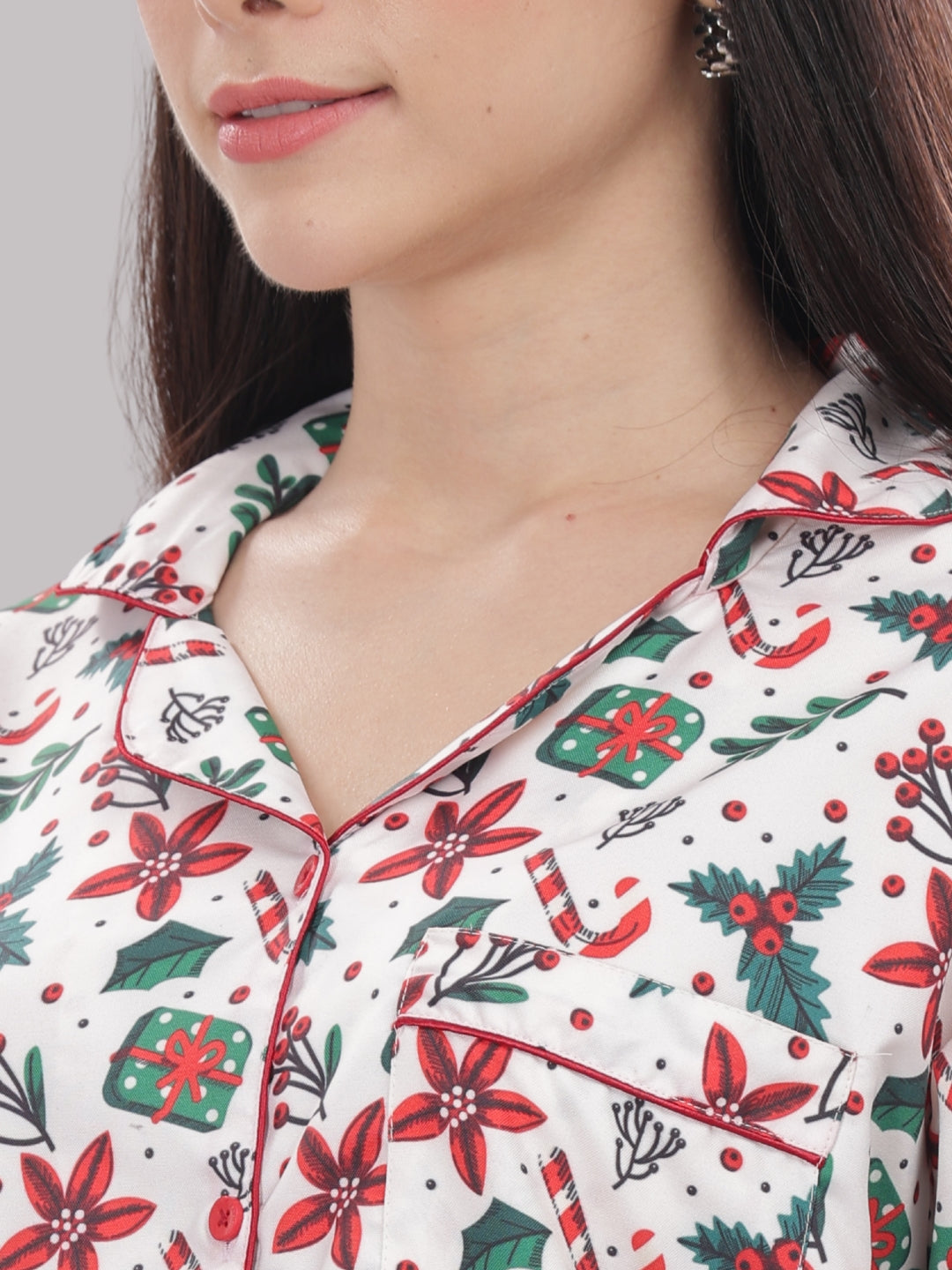 Under The Mistletoe Button Down Pj Set - Cotton Rayon Pj Set with Notched Collar