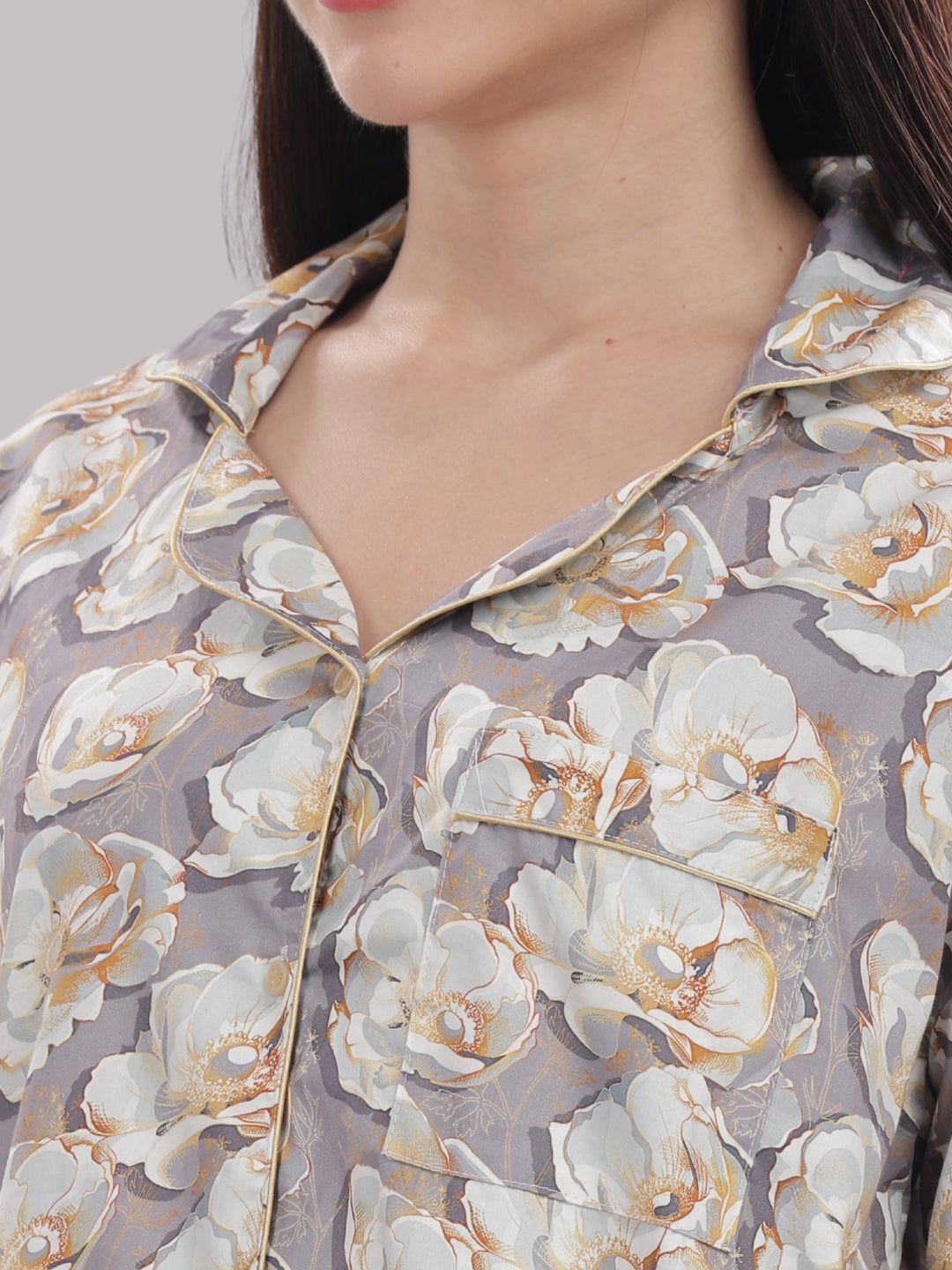 Grey Gardenia Button Down Pj Set - Pure Cotton Pj Set with Notched Collar
