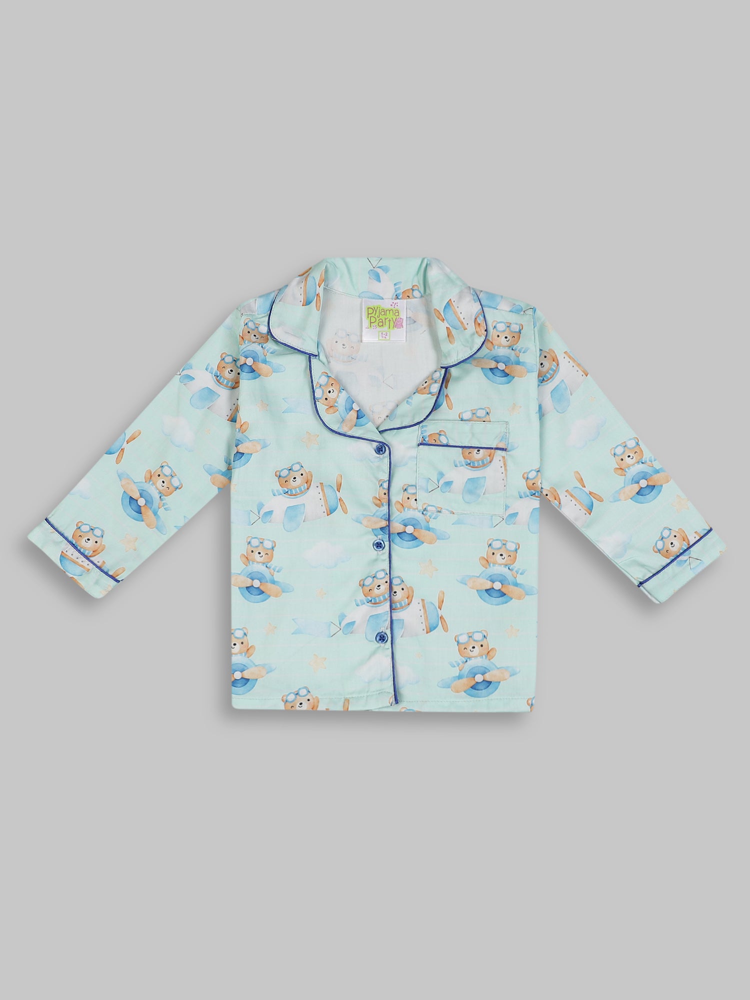 Fly High kids Button Down Pj Set - Pure Cotton Pj Set with Notched Collar