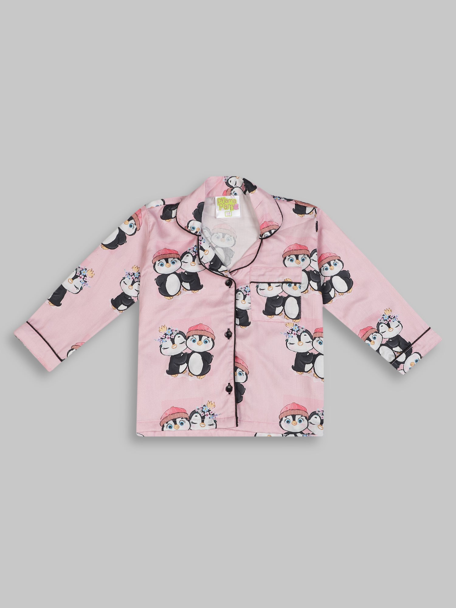 Pink Penguins Kids Button Down Pj Set - Pure Cotton Pj Set with Notched Collar