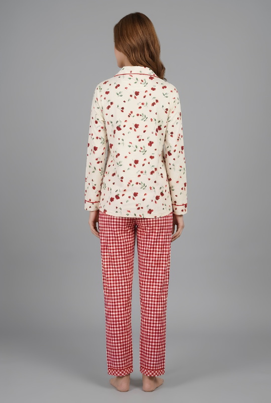 Petal Plaid Button Down Pj Set - Cotton Rayon Pj Set with Notched Collar