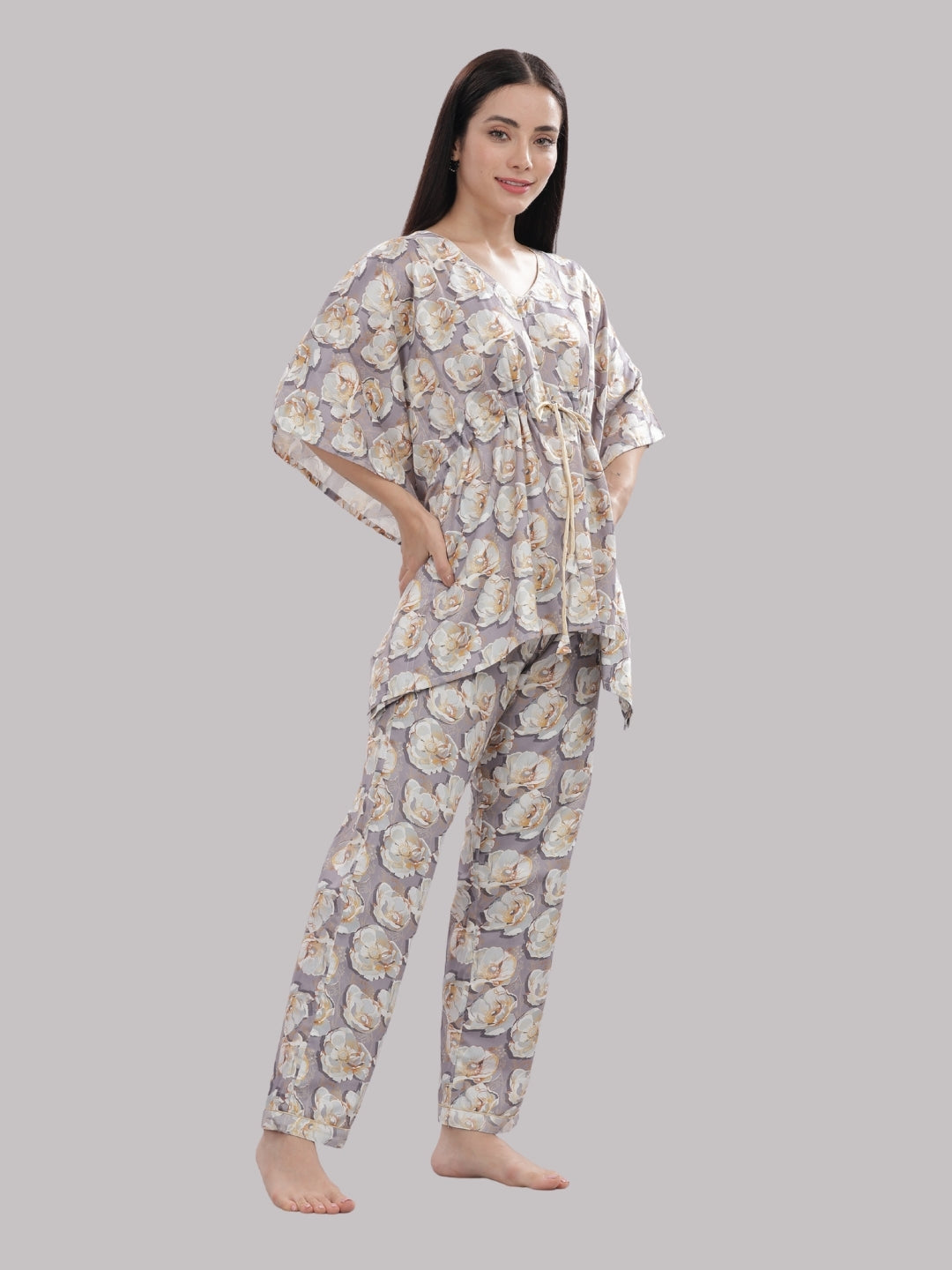 Grey Gardenia Kaftan Pj Set - Pure Cotton Pj Set in Kaftan Style