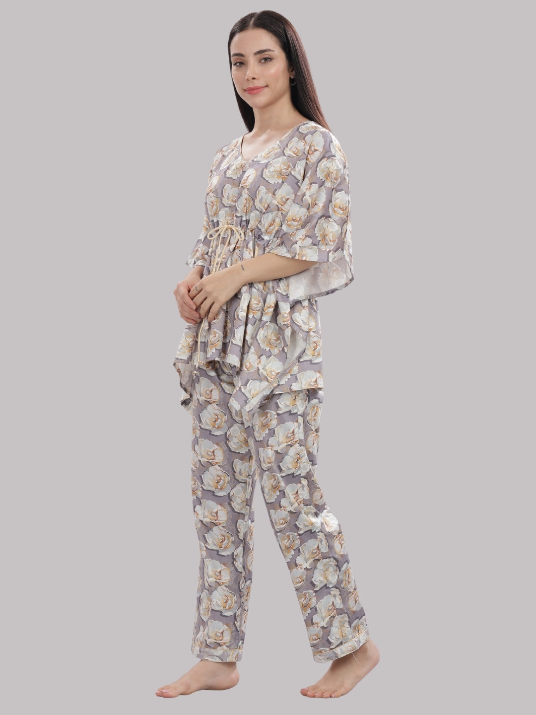 Grey Gardenia Kaftan Pj Set - Pure Cotton Pj Set in Kaftan Style
