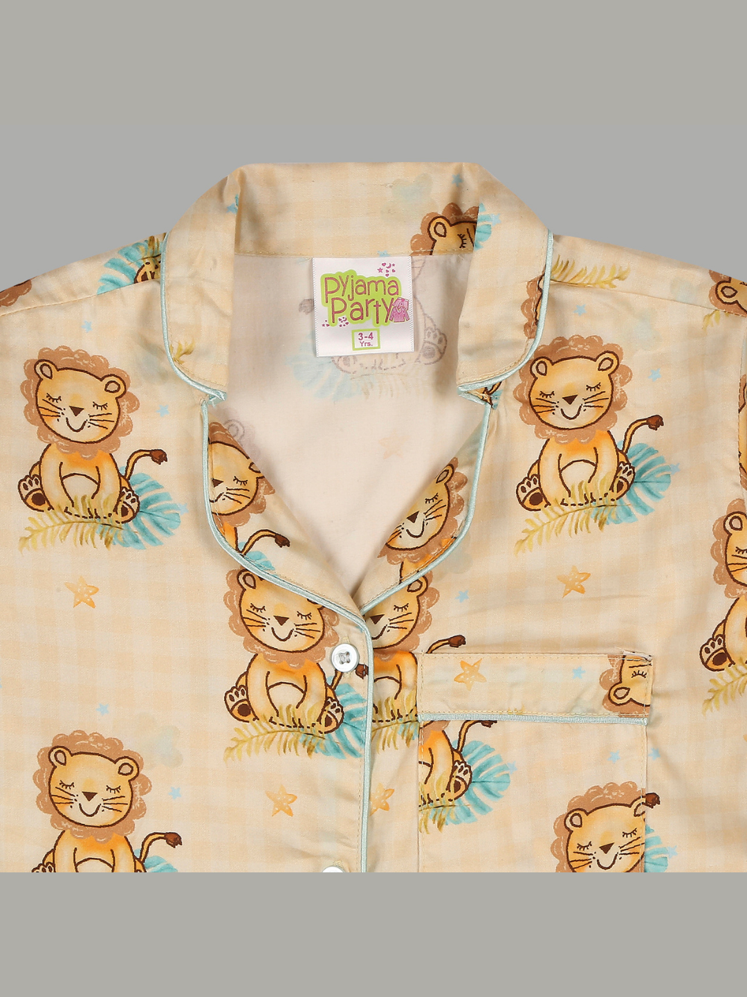 Little Lion Kids Button Down Pj Set - Pure Cotton Pj Set with Notched Collar