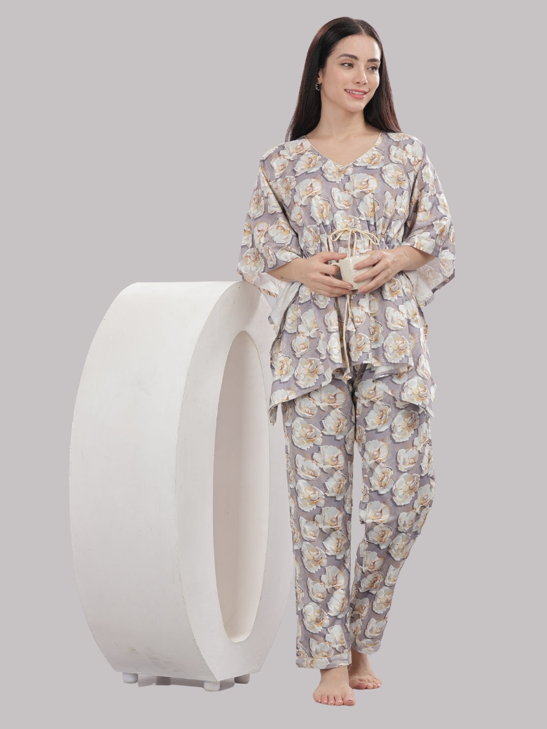 Grey Gardenia Kaftan Pj Set - Pure Cotton Pj Set in Kaftan Style