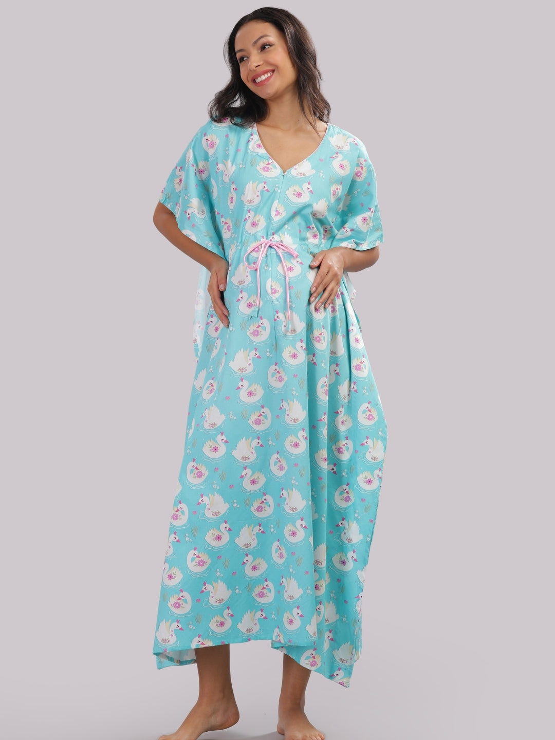 Swan Lake Maternity Kaftan Gown - Pure Cotton Kaftan Gown With Single Invisible Zip for Feeding