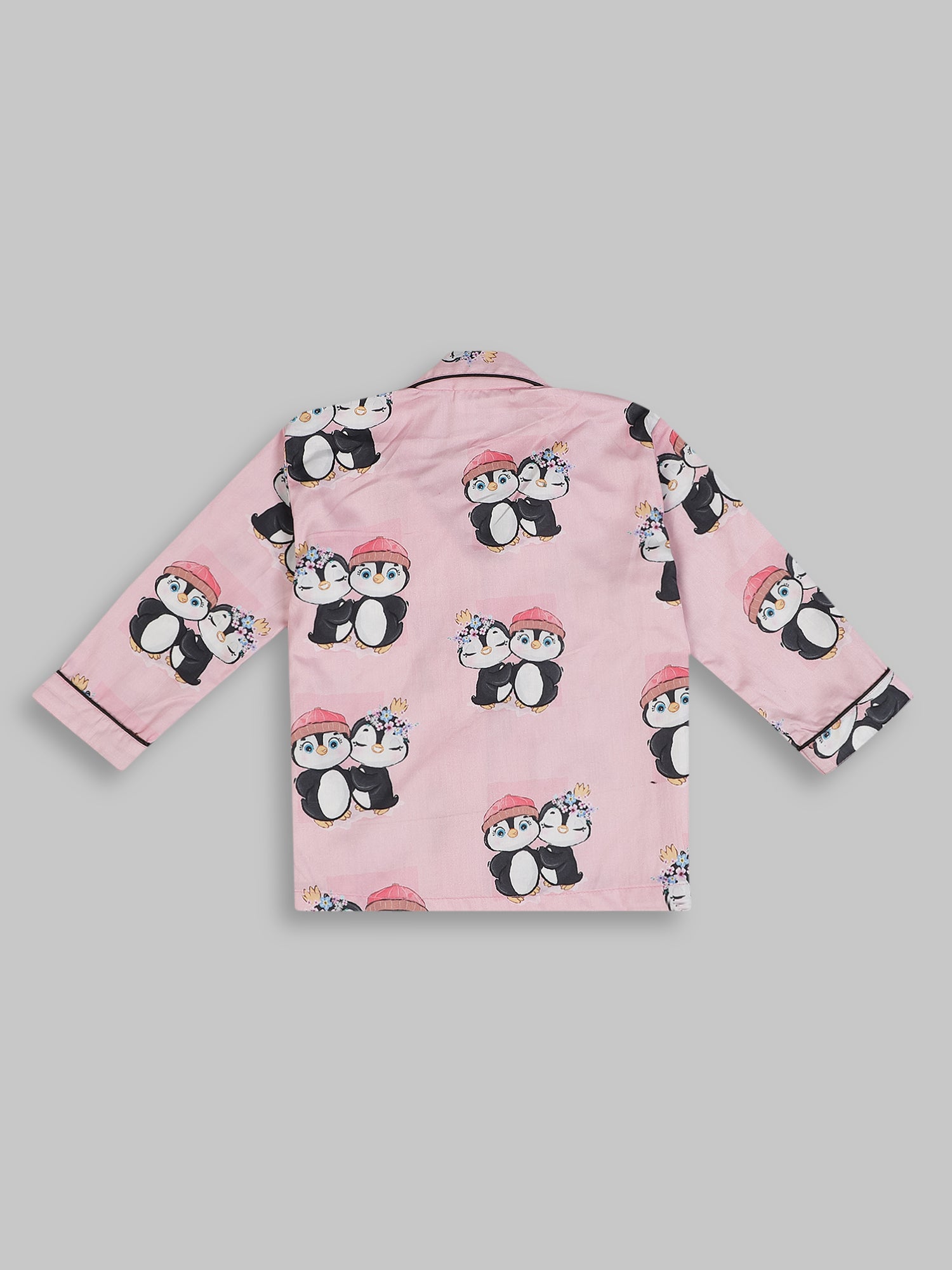 Pink Penguins Kids Button Down Pj Set - Pure Cotton Pj Set with Notched Collar