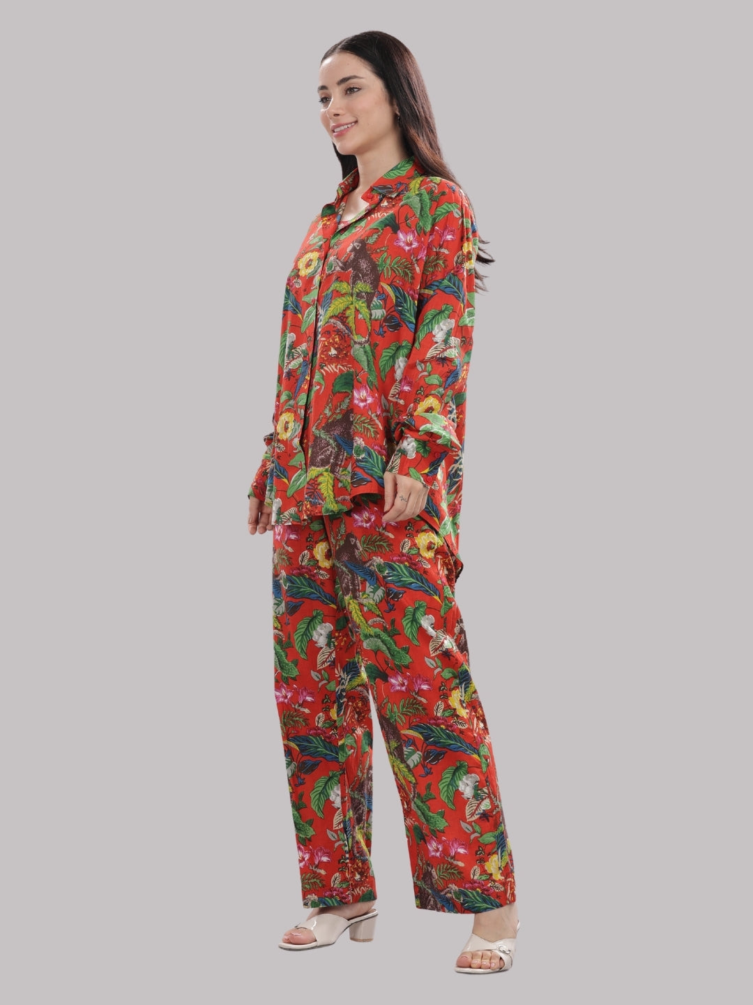 Red Tropicana Co-ord Set- 3 Piece Co-ord Set in Pure Cotton