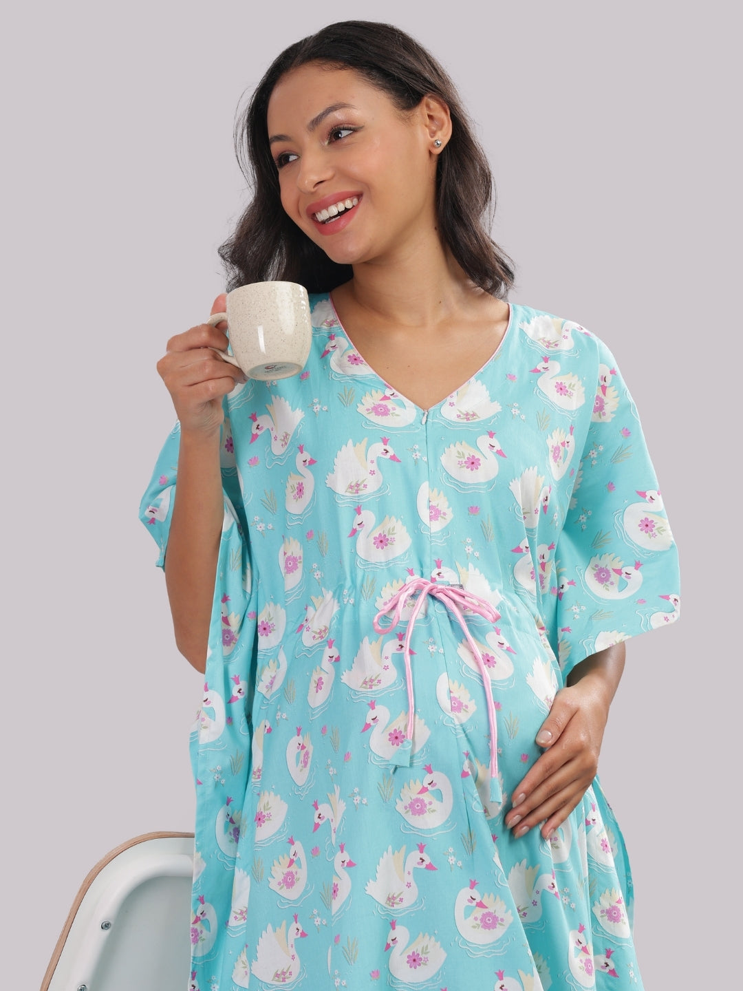 Swan Lake Maternity Kaftan Gown - Pure Cotton Kaftan Gown With Single Invisible Zip for Feeding