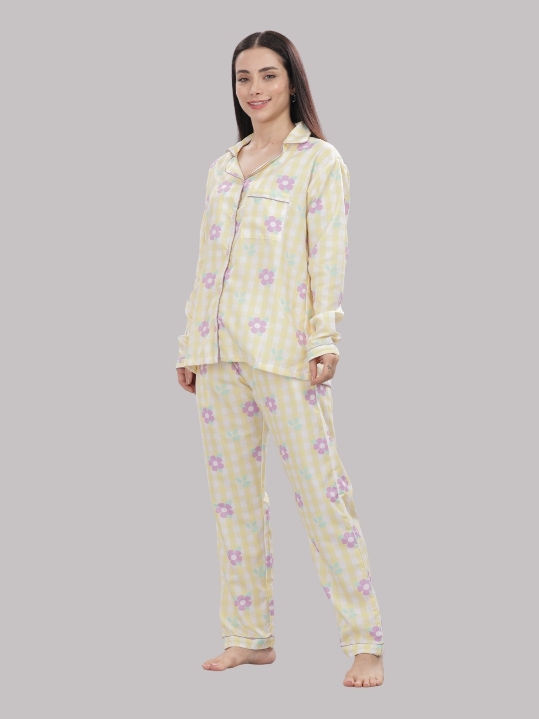 Blooming Checks Button Down Pj Set - Cotton Rayon Pj Set with Notched Collar