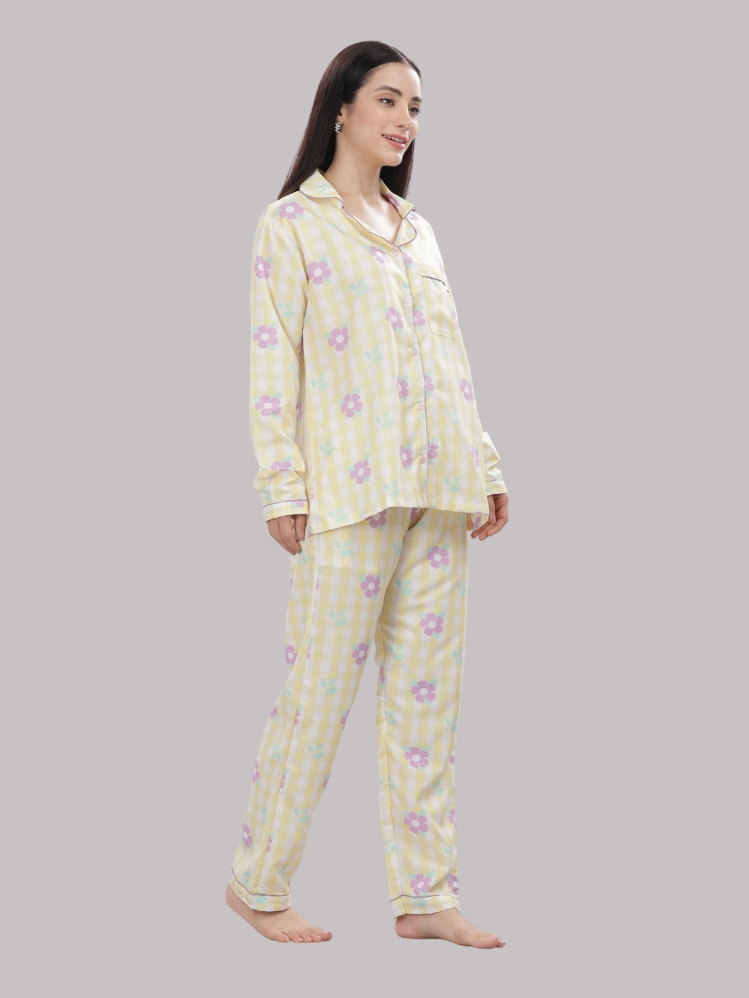 Blooming Checks Button Down Pj Set - Cotton Rayon Pj Set with Notched Collar