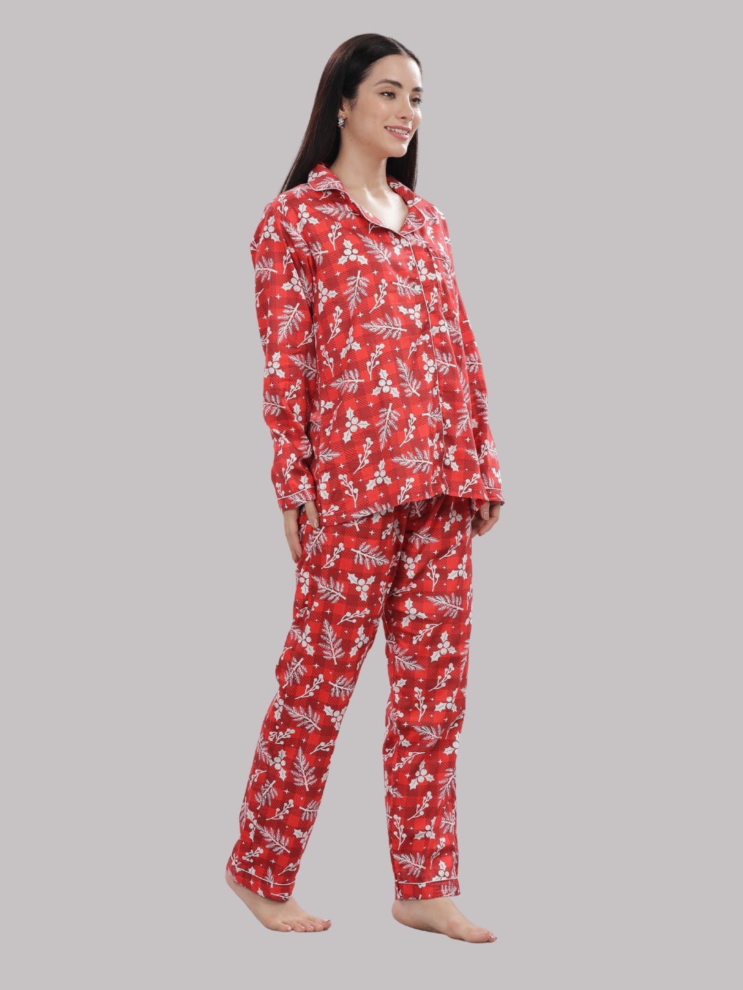 Crimson Christmas Button Down Pj Set - Pure Cotton Pj Set with Notched Collar