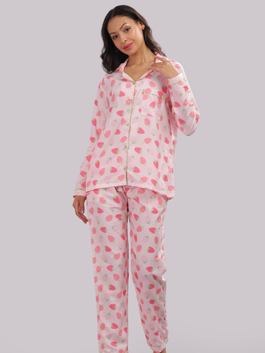 Strawberry Sweetheart Button Down Pj Set - Cotton Rayon Pj Set with Notched Collar