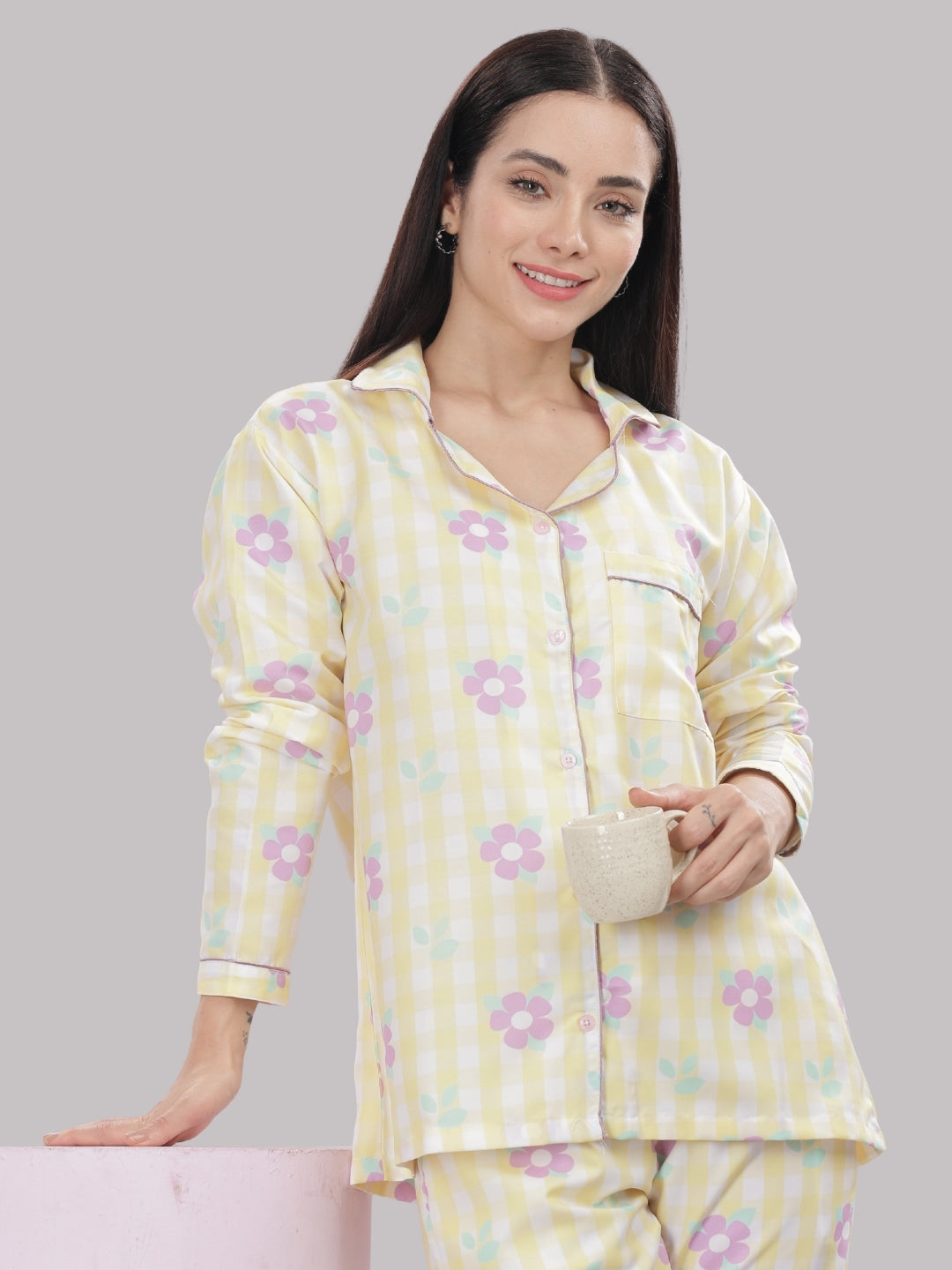 Blooming Checks Button Down Pj Set - Cotton Rayon Pj Set with Notched Collar