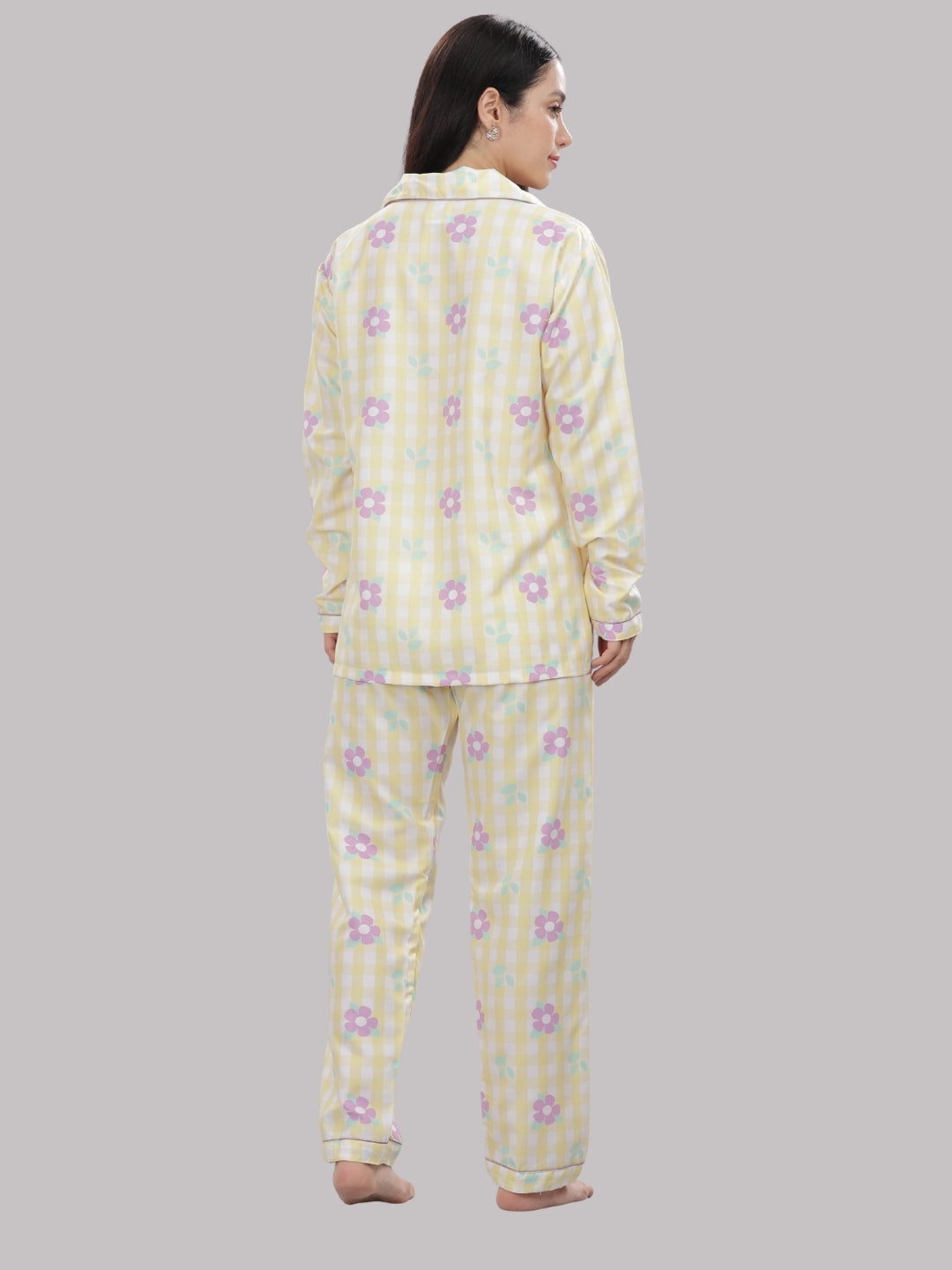 Blooming Checks Button Down Pj Set - Cotton Rayon Pj Set with Notched Collar