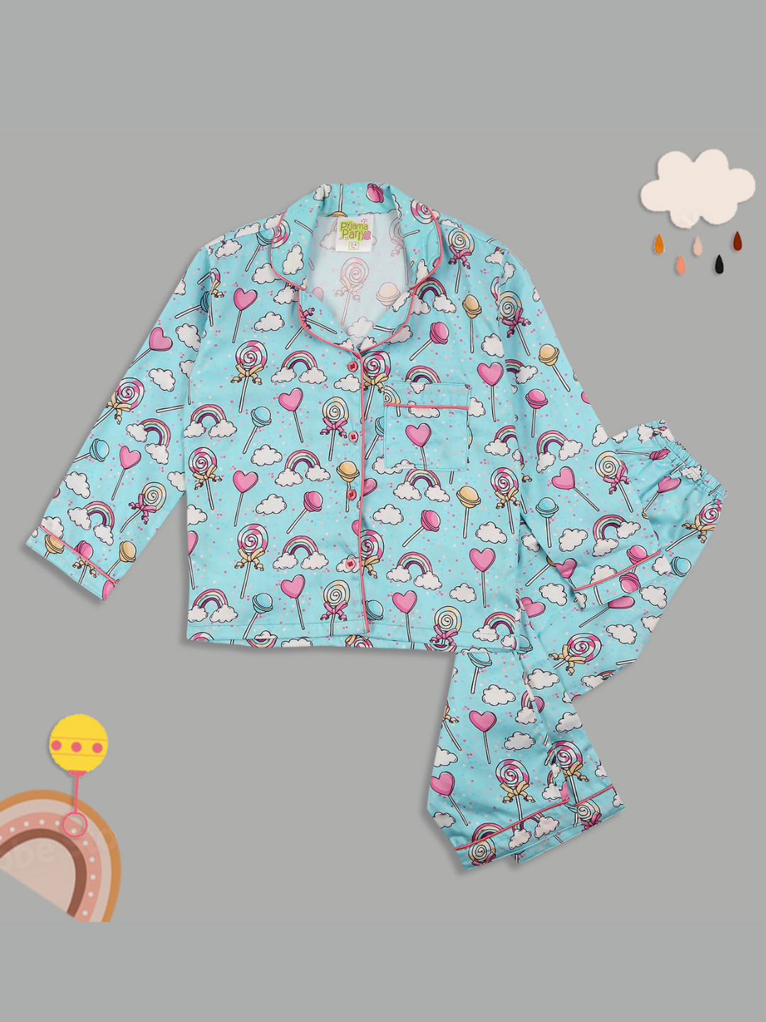 Candyland Kids Button Down Pj Set - Pure Cotton Pj Set with Notched Collar