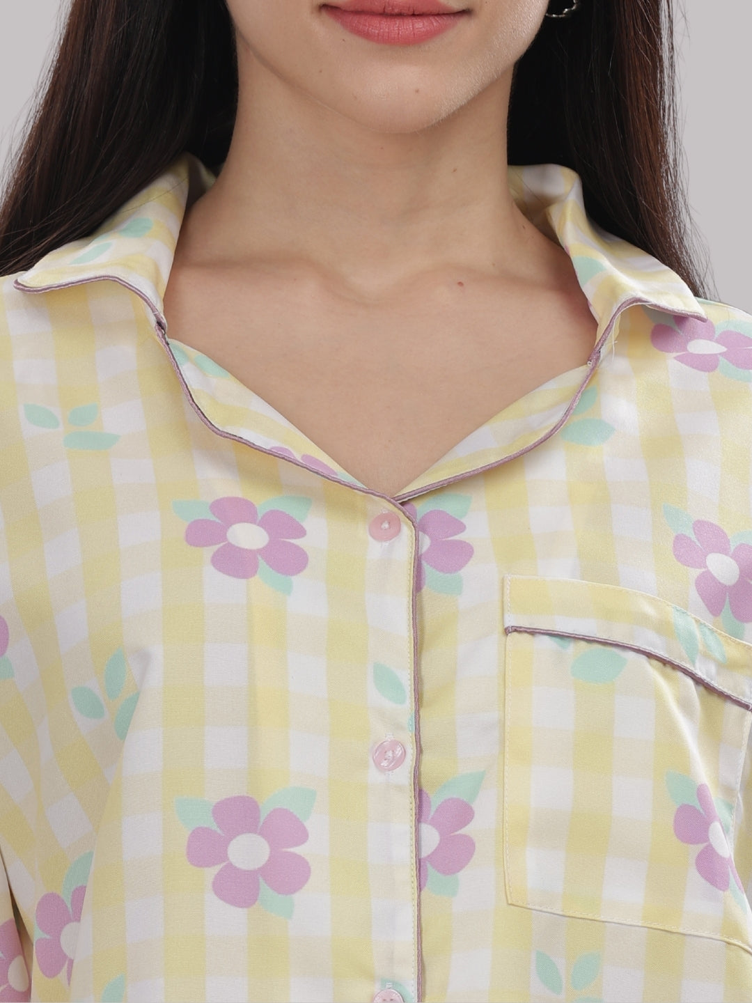 Blooming Checks Button Down Pj Set - Cotton Rayon Pj Set with Notched Collar