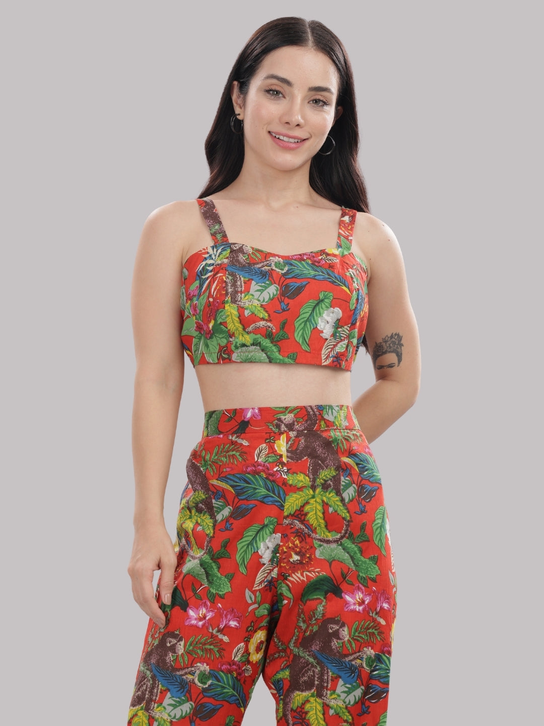 Red Tropicana Co-ord Set- 3 Piece Co-ord Set in Pure Cotton