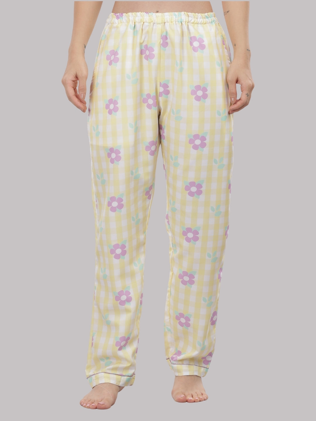 Blooming Checks Button Down Pj Set - Cotton Rayon Pj Set with Notched Collar